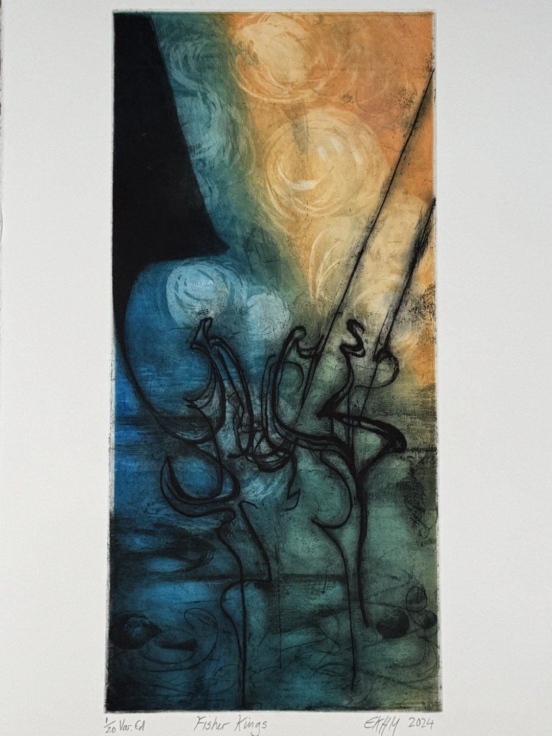 Fisher Kings 1/20, an etching and monoprint by Noonie Minogue.