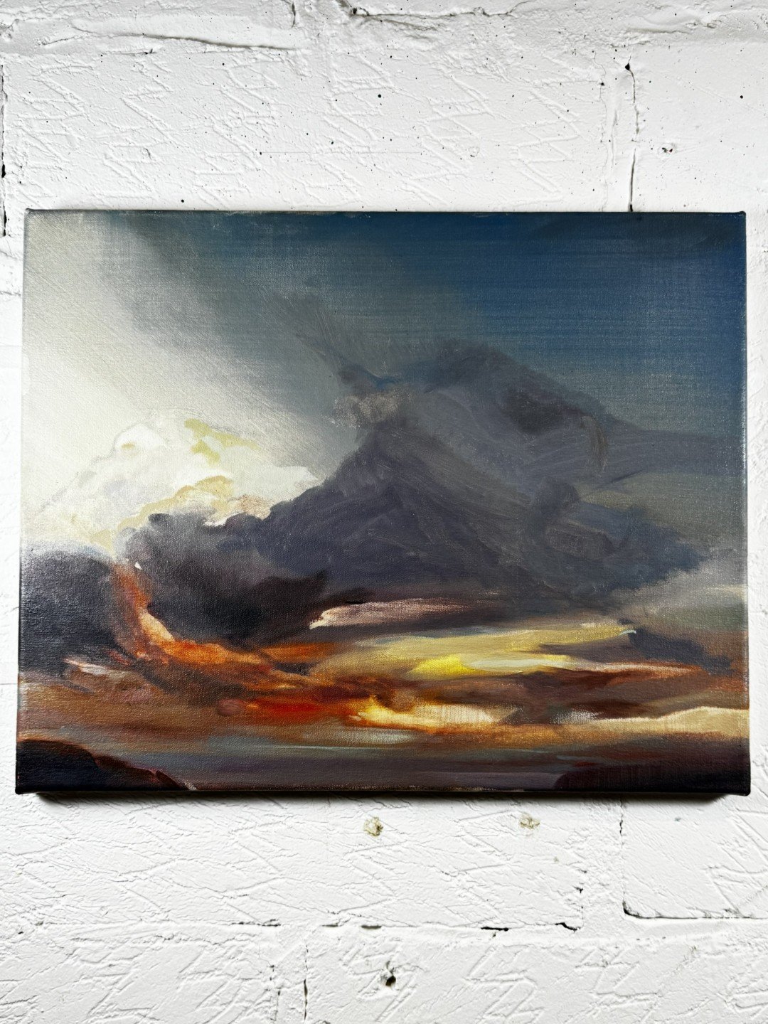 Original oil painting titled "Dusk" by Larissa, depicting dramatic sky over Cape Town