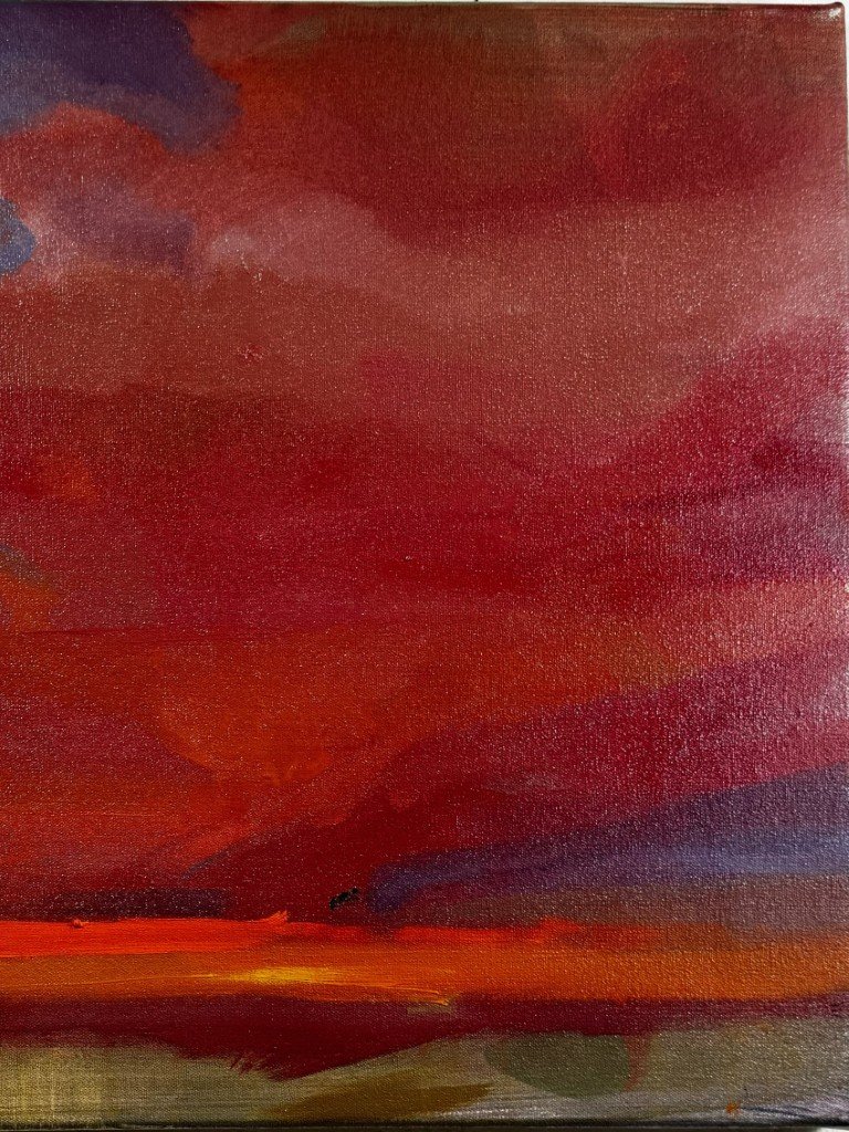 Right hand-side of oil painting capturing a dramatic crimson red and dark purple sunset sky over Cape Town by Larissa Hollis.