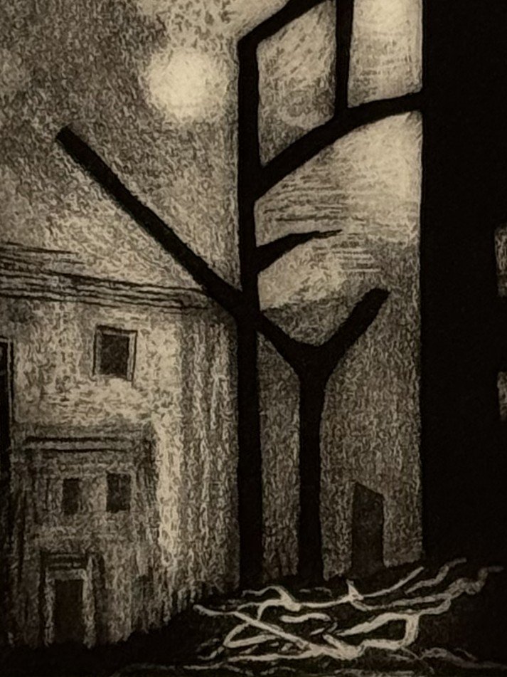 Closer view of The Wishbone by Artist Noonie Minogue, a one-plate plate etching in black and white, printed in 2024.