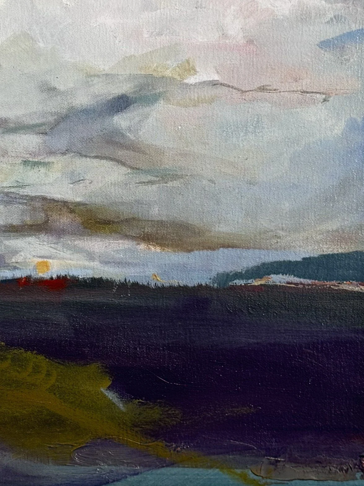 Oil painting "Bakoven Skies S5" by artist Larissa Hollis, capturing Cape Town's Helderberg mountain, right hand-side view.