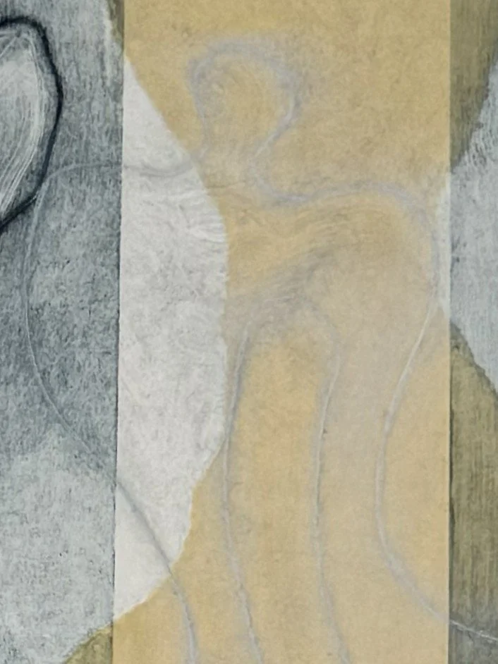 Close up of Triad monoprint by Artist Noonie Minogue, a contemporary etching using drypoint and chine collé techniques.