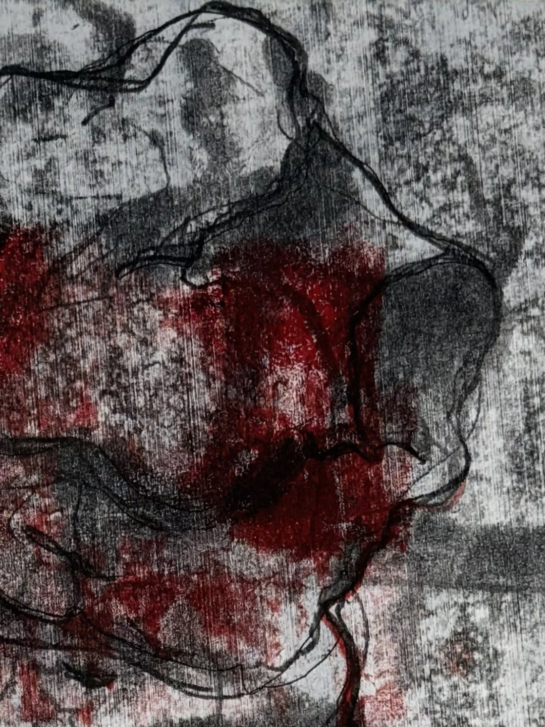 Belvedere Torso (1) by Alla Samarina, close up of a monoprint inspired by the much admired fragmentary ancient sculpture.