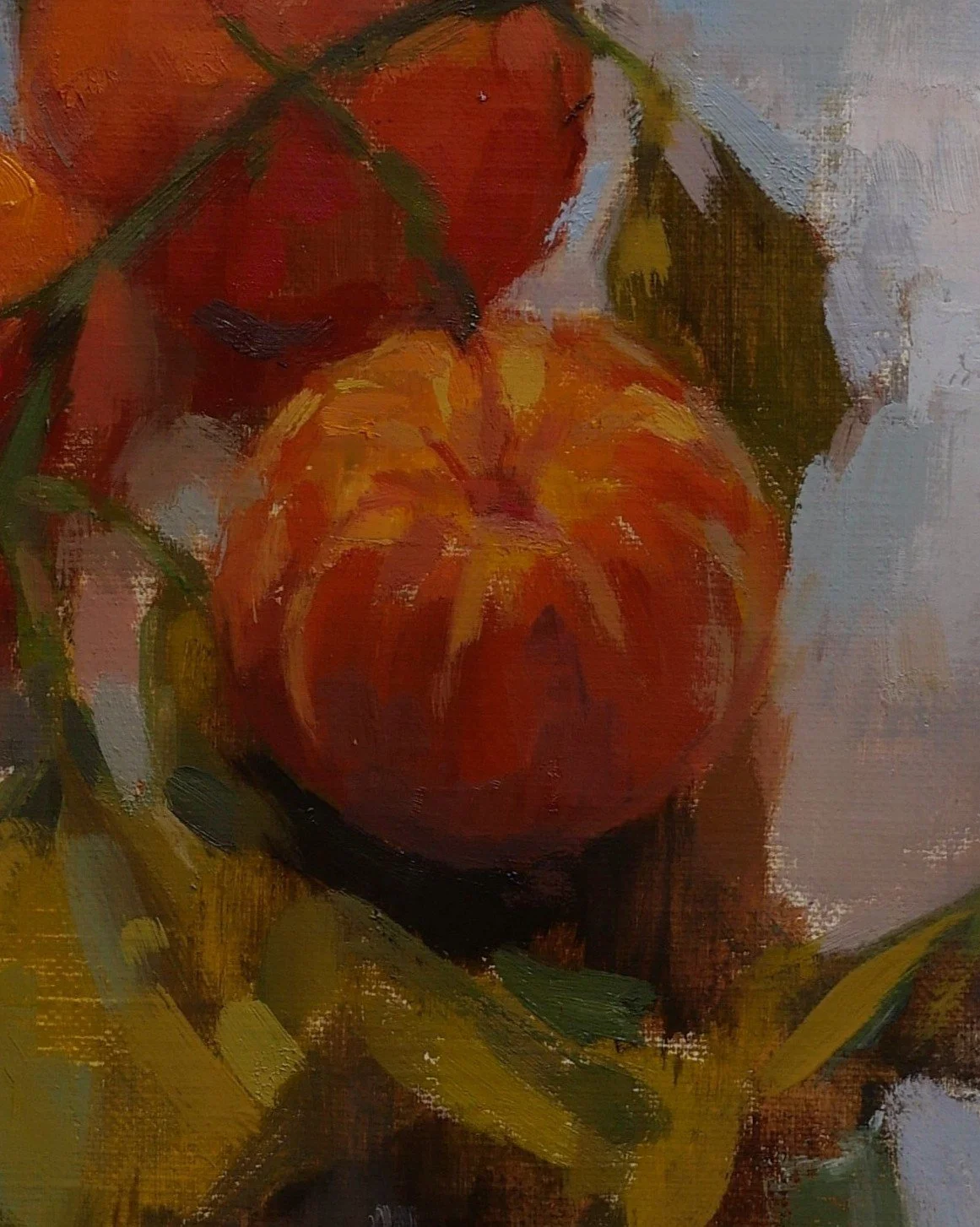Close-up of Clementines on a Plate, a beautiful still life and original oil painting by Artist Bran Sivas.