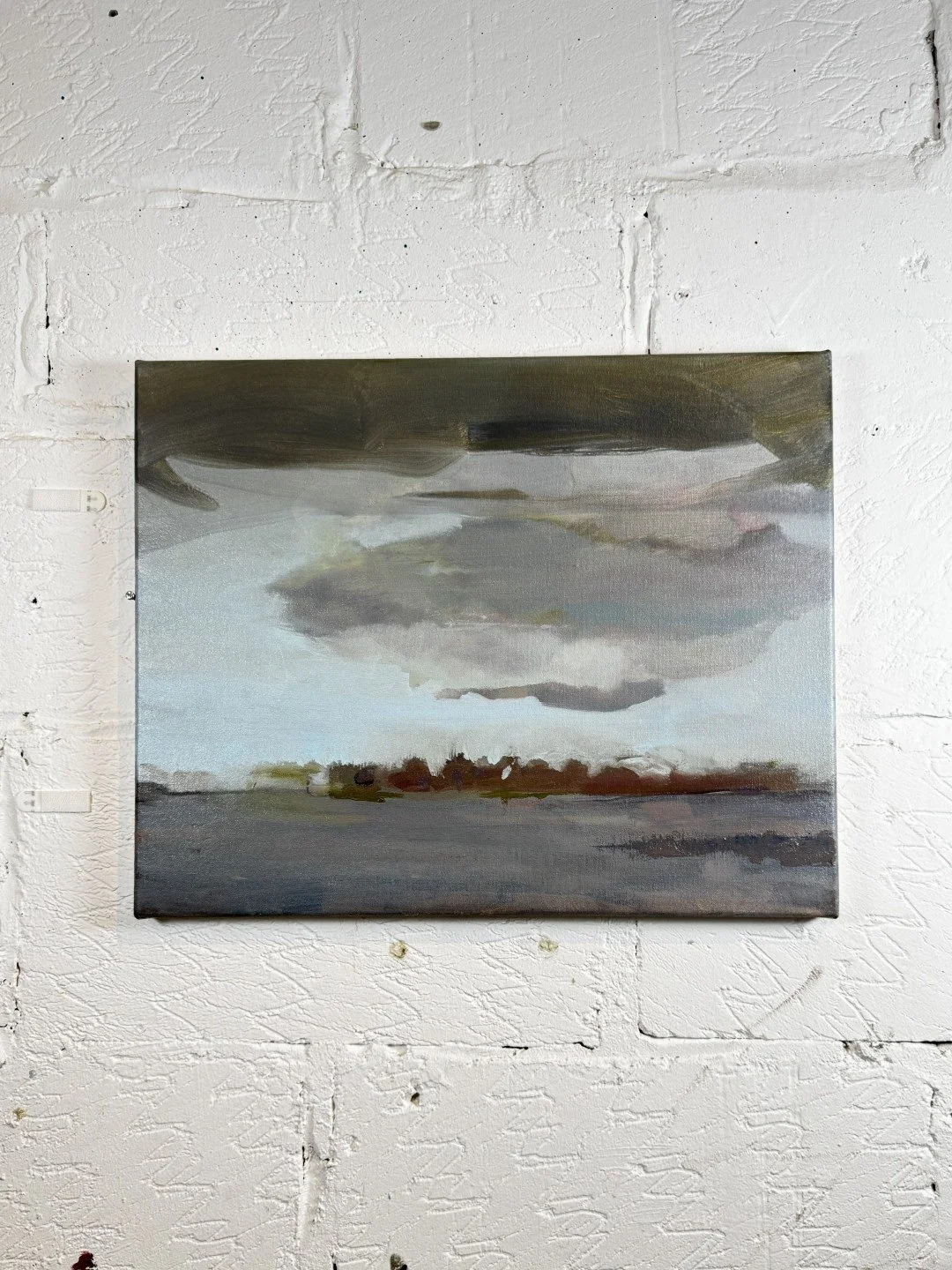 Original oil on canvas painting "Clapham Skies S1" by artist Larissa Hollis, capturing London's beautiful grey skies.