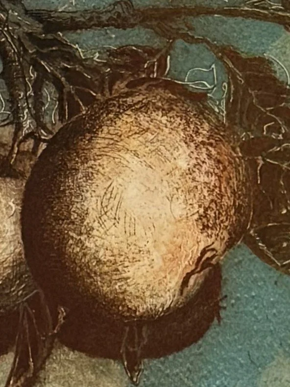 Closeup of Golden Bough 9/15, a colourful etching and monoprint by Artist Noonie Minogue.