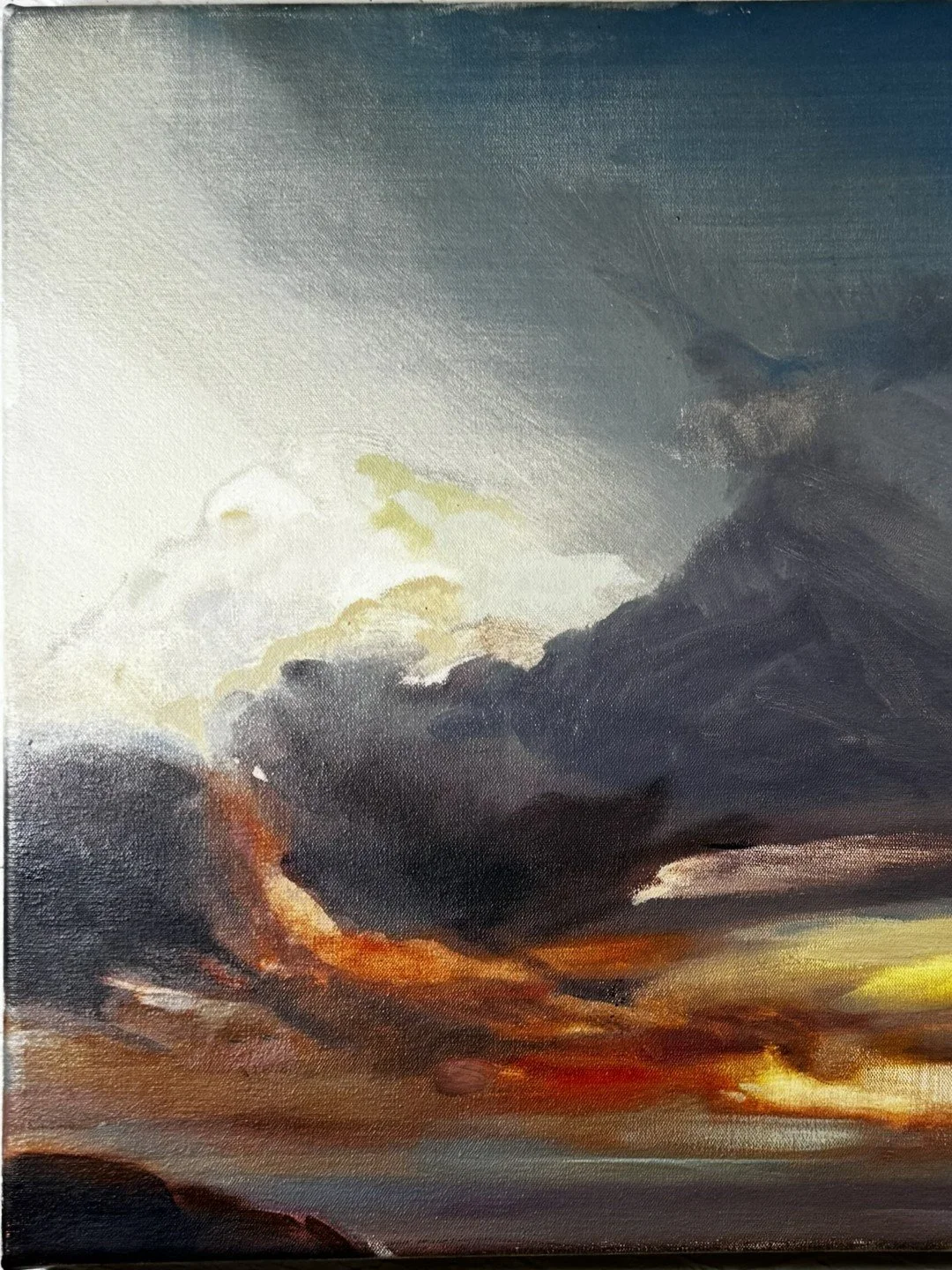 Original oil painting titled "Dusk" by Larissa, depicting dramatic sky over Cape Town, left-hand side closeup.