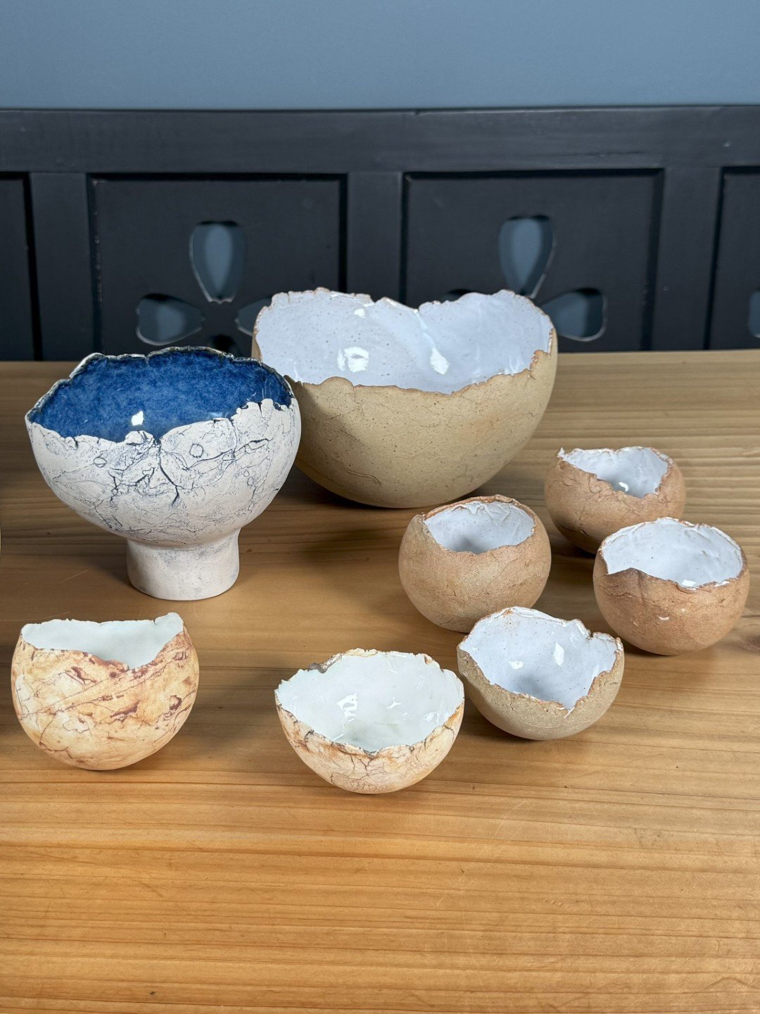 Beautiful assortment of crackle bowls by ceramic Artist Nupur Narain DeTar.