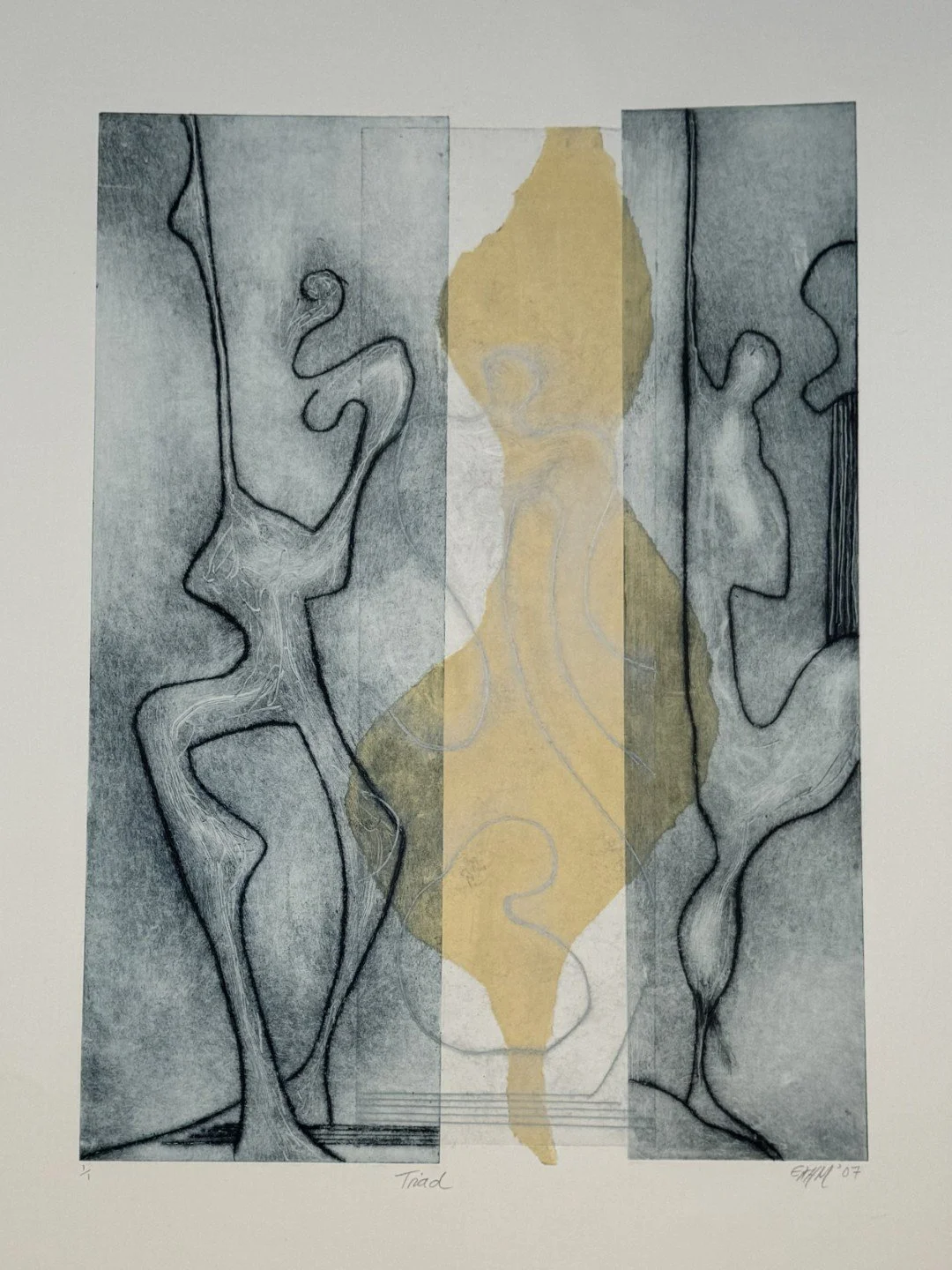 Triad monoprint by Artist Noonie Minogue, using three-plate drypoint and chine collé printmaking techniques.