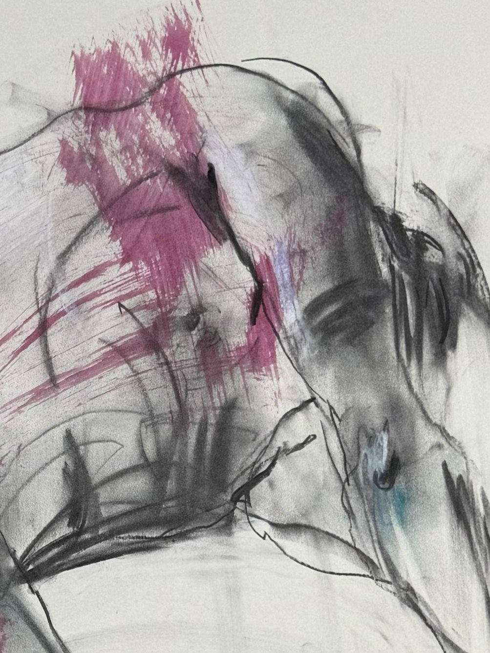 You shake my undertone 5 by Alla Samarina, closeup of life drawing of a male figure, using ink, pastel and charcoal on paper.