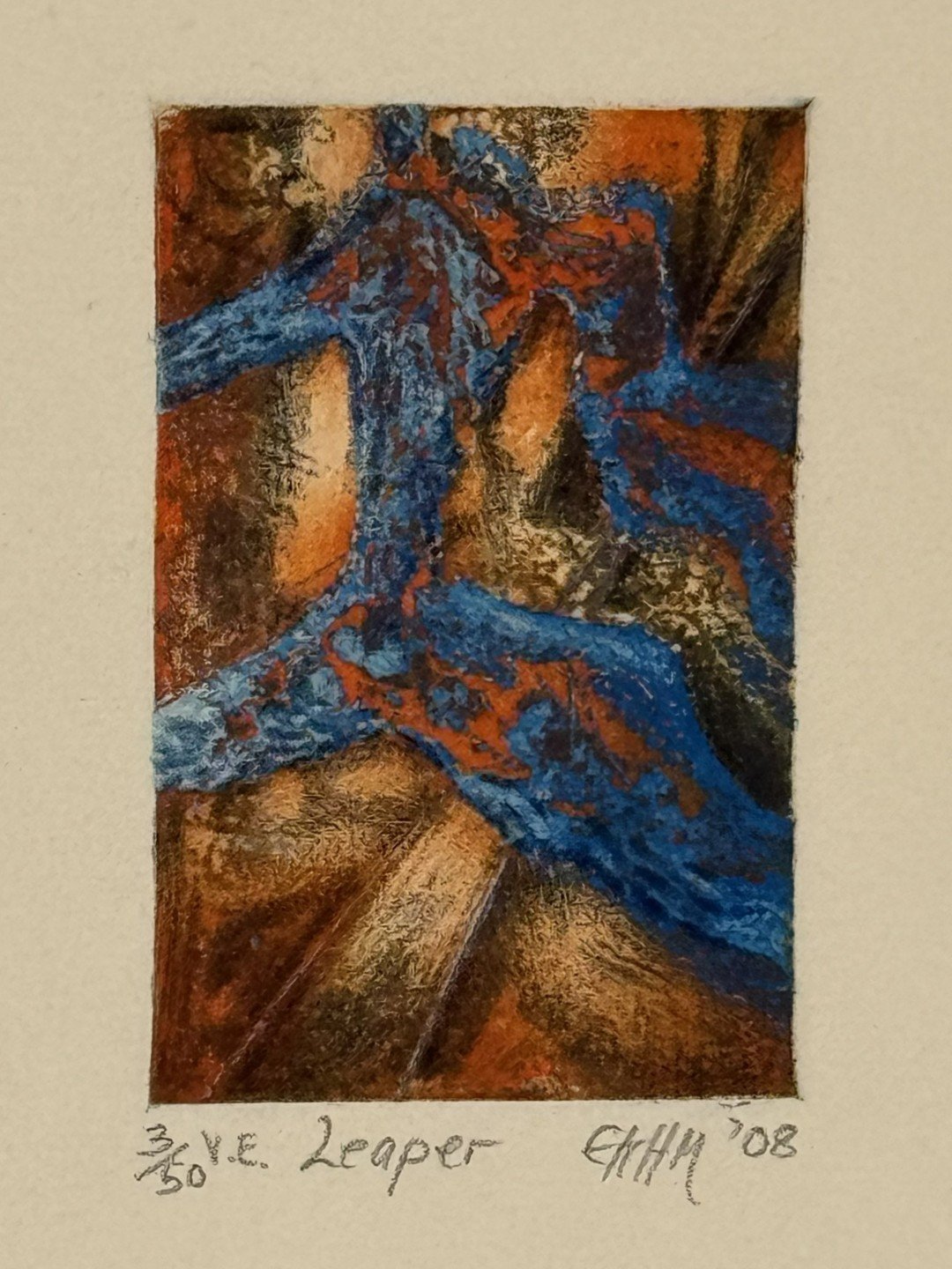 Leaper 3/50, by Artist Noonie Minogue, a small vivid print using etching drypoint techniques, 3/50 Varied Edition.