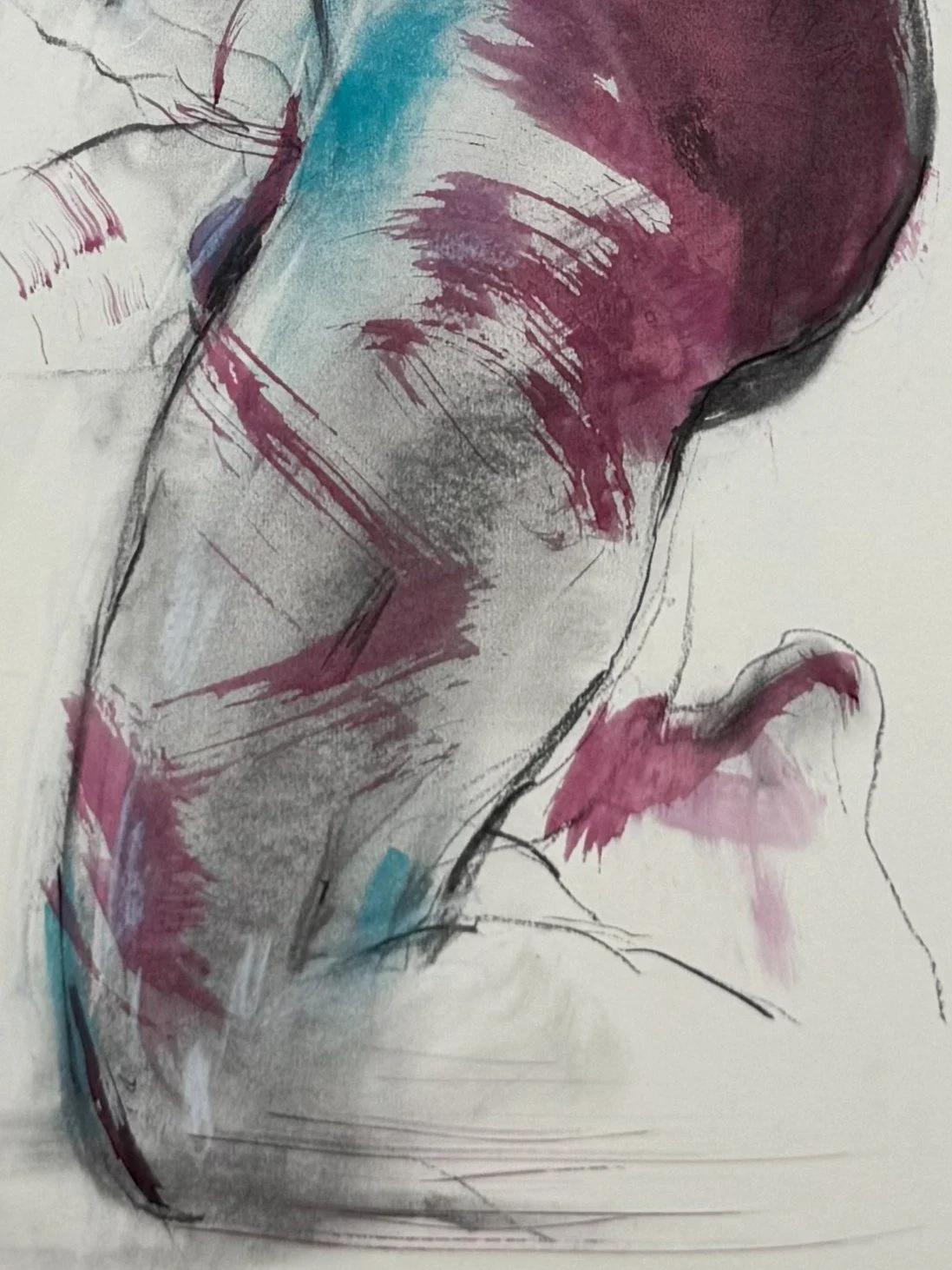 You shake my undertone 4 by Alla Samarina, closeup of life drawing of a male figure, using ink, pastel and charcoal on paper.