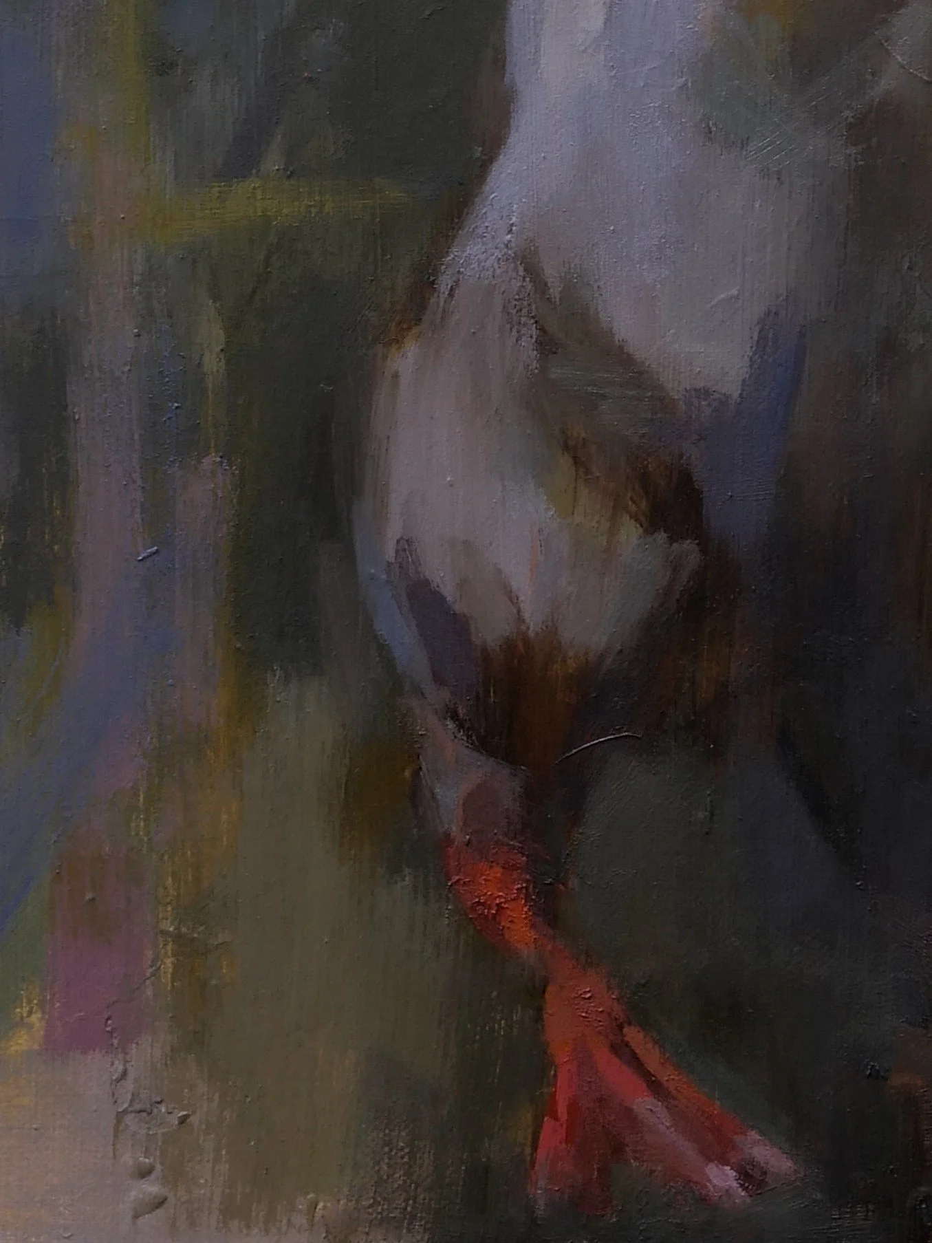 Goose, an original oil painting by Artist Bran Sivas, closeup of the leg emerging with gestural brushwork and muted tones.