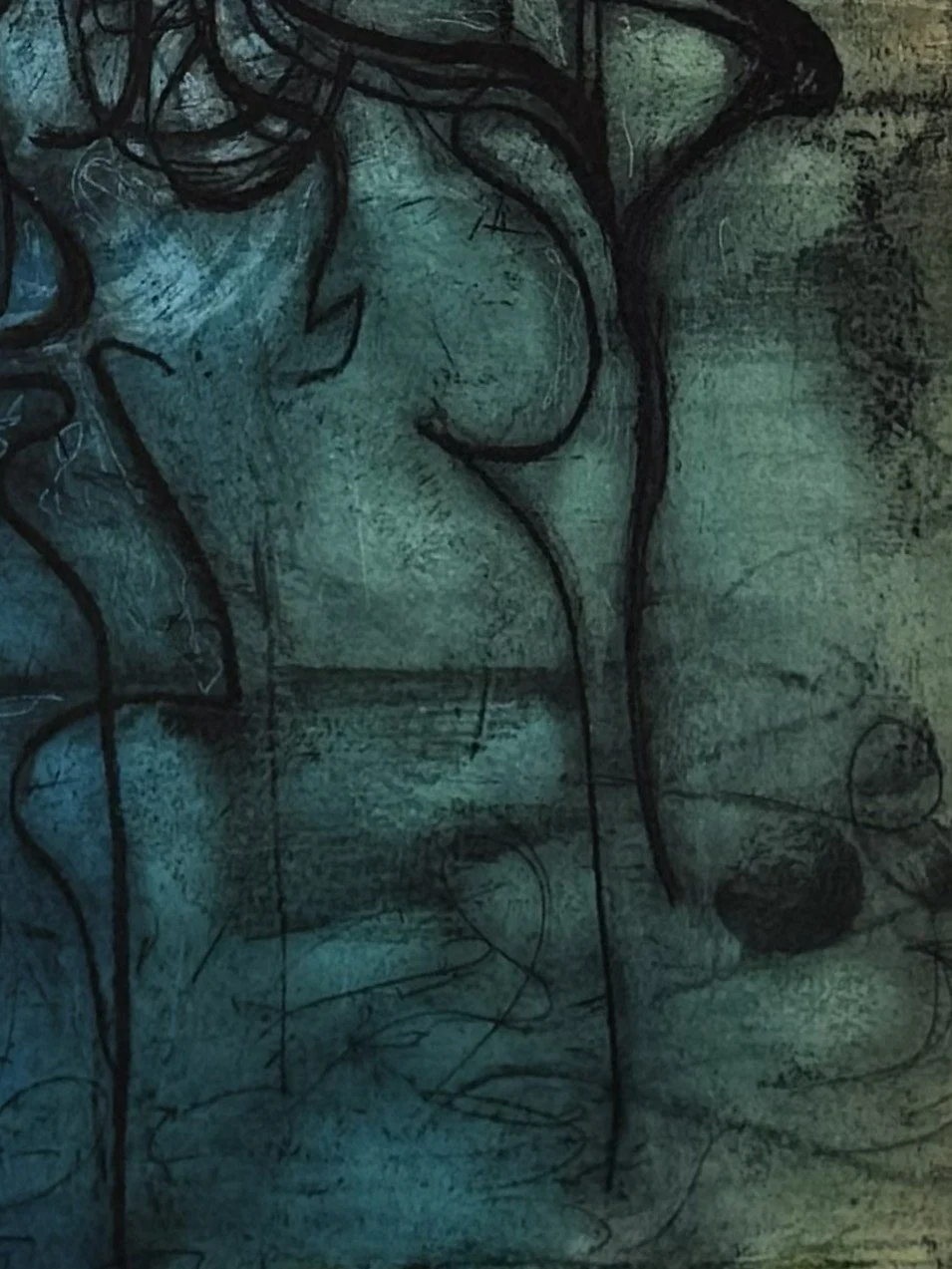 Fisher Kings 1/20, an etching and monoprint by Noonie Minogue. Close-up view of a deep blue and green area of the artwork.