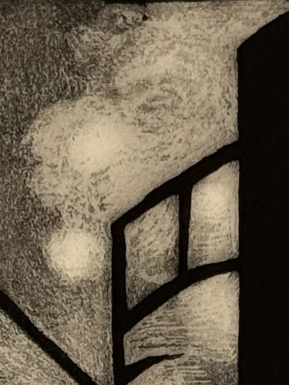 Sky detail of The Wishbone by Artist Noonie Minogue, a one-plate plate etching in black and white, printed in 2024.