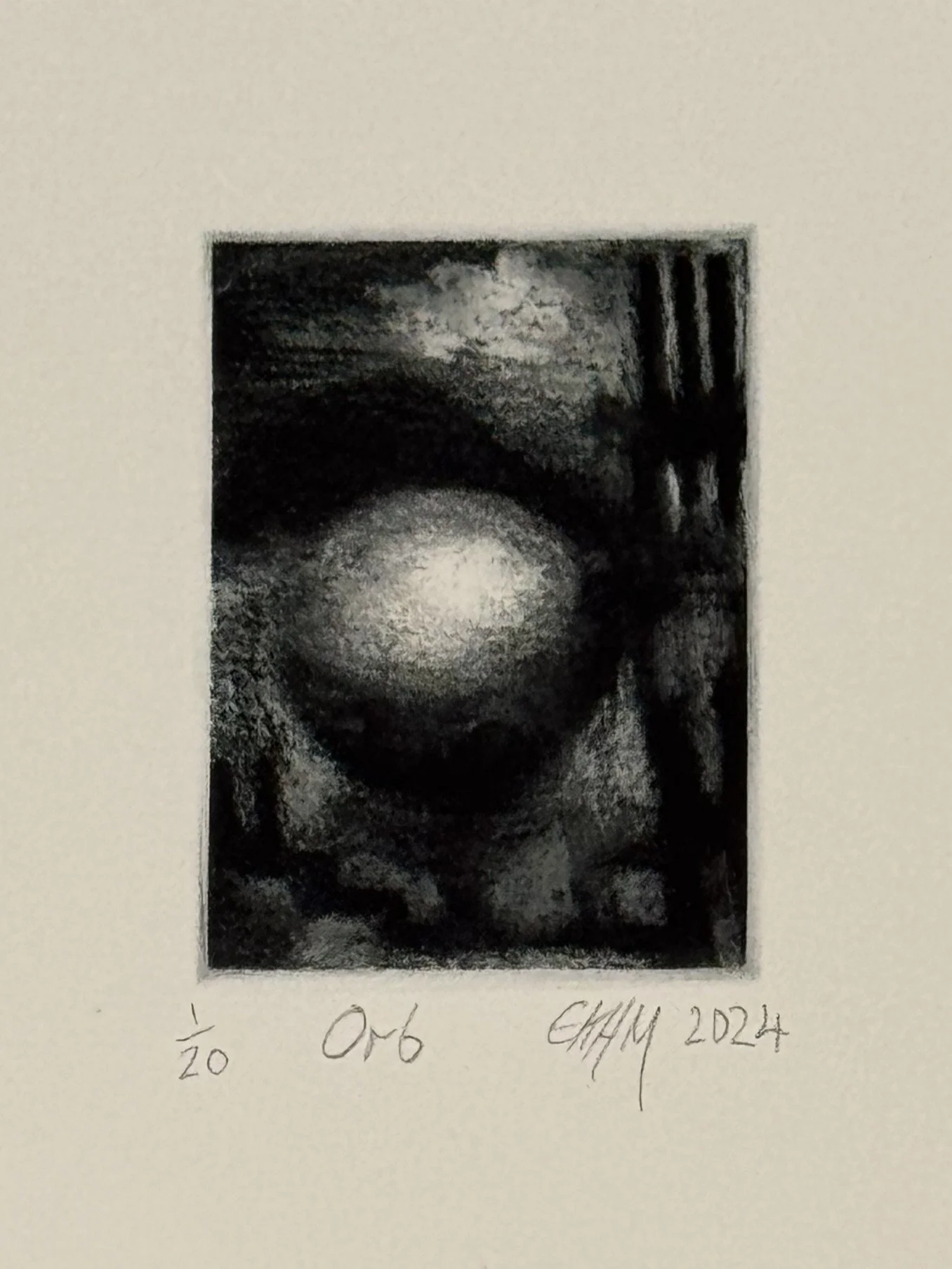 Orb 1/20, by Artist Noonie Minogue, a small etching printed in 2024, with timeless monochrome shades and a mystical theme.