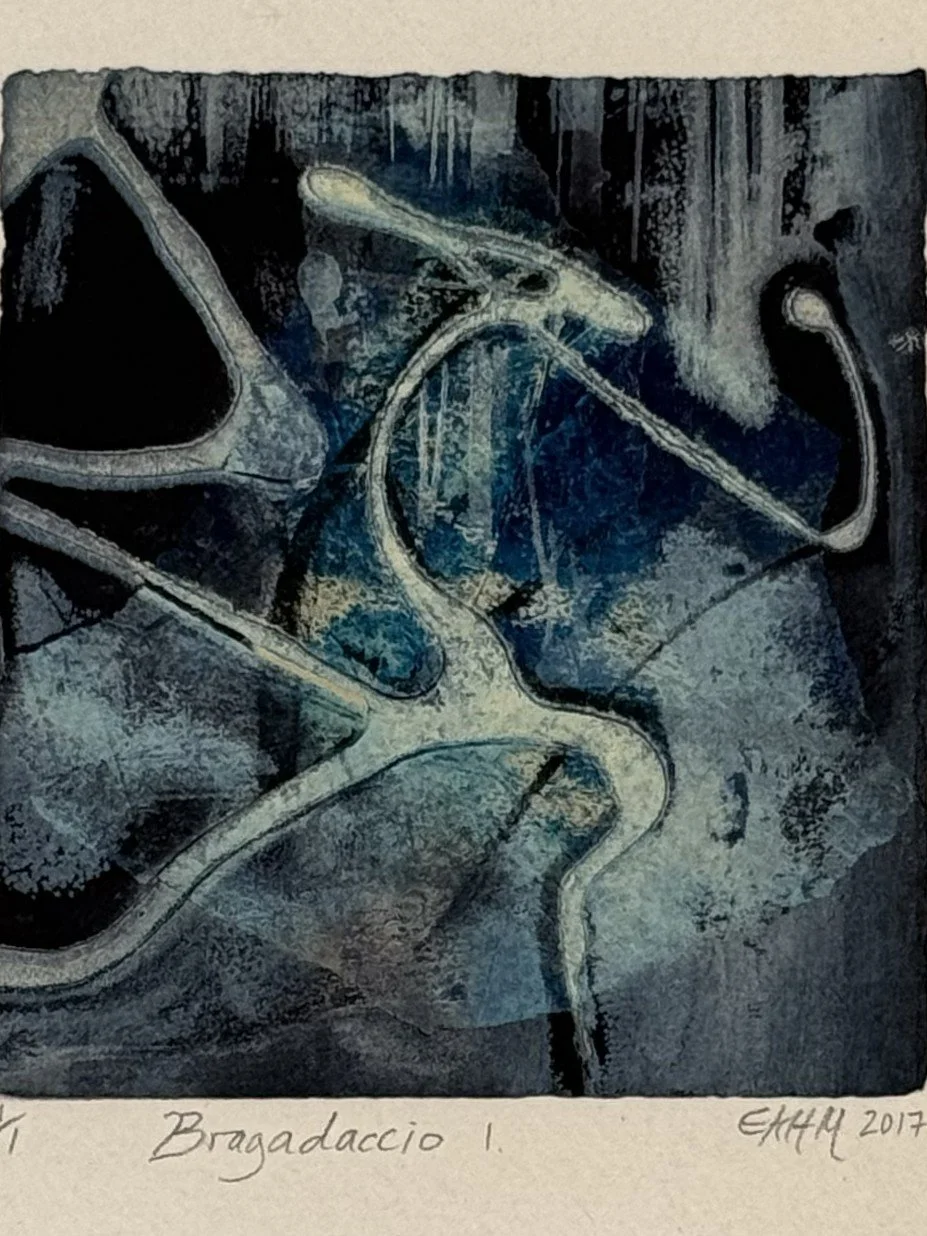 Bragadaccio I, by Artist Noonie Minogue, an etching and monoprint using chine collé, 1/1 part of a series of 50.