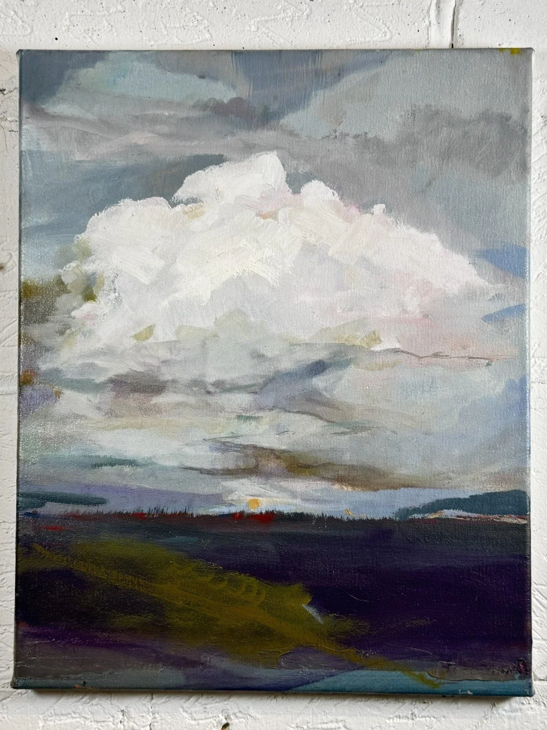 Original oil painting "Bakoven Skies S5" by artist Larissa Hollis, capturing Cape Town's Helderberg mountain, closer view.
