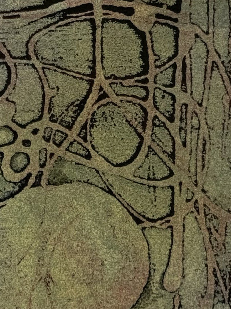 Proserpina's Winter 1/60 by Artist Noonie Minogue, closeup view of the etching and monoprint illustrating a Roman myth.