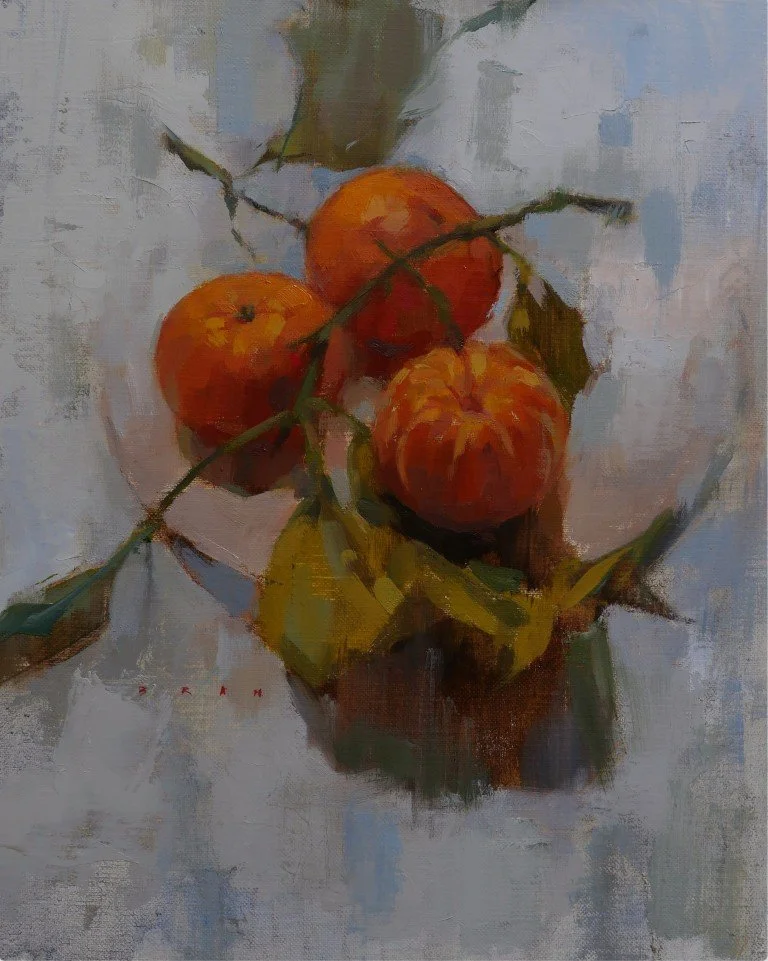 Clementines on a Plate, a beautiful still life and original oil painting by Artist Bran Sivas.
