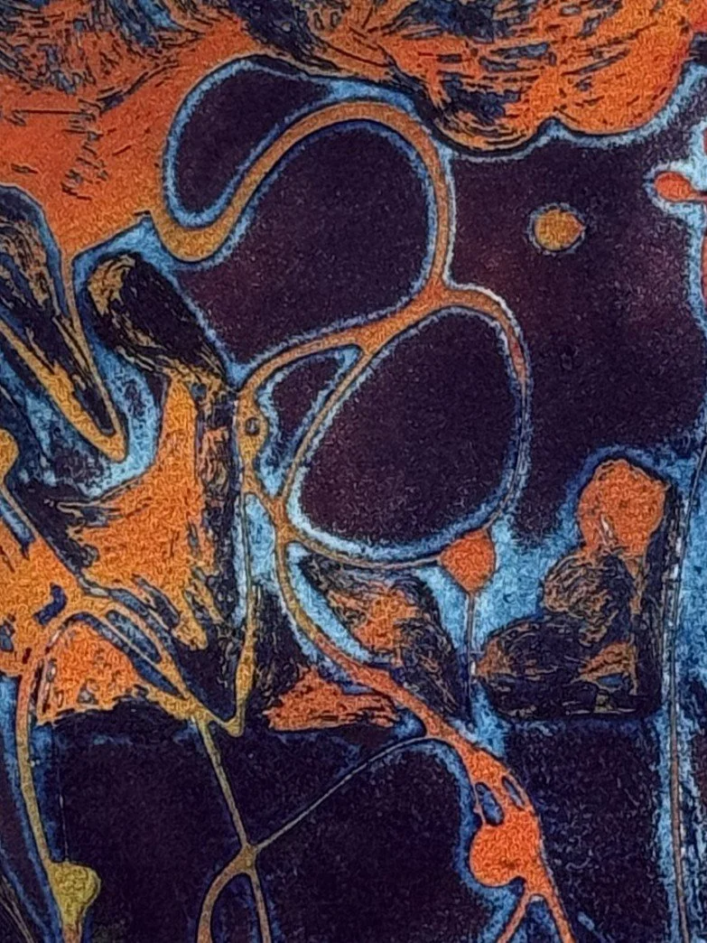 Phlegethon 1/30 by Artist Noonie Minogue, closeup view of the viscosity etching, illustrating the river of fire.