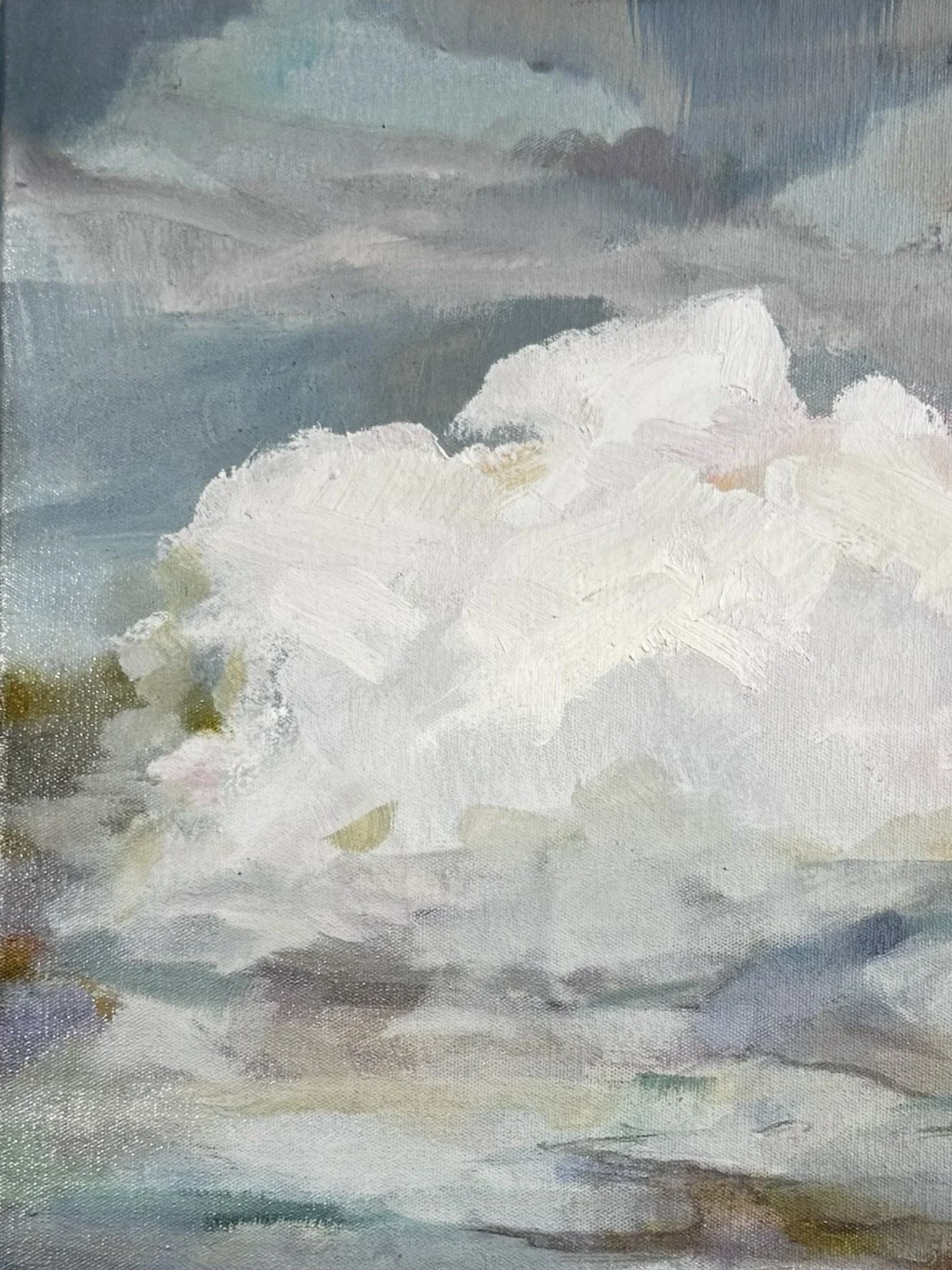 Oil painting "Bakoven Skies S5" by artist Larissa Hollis, capturing Cape Town's Helderberg mountain, closeup of clouds.