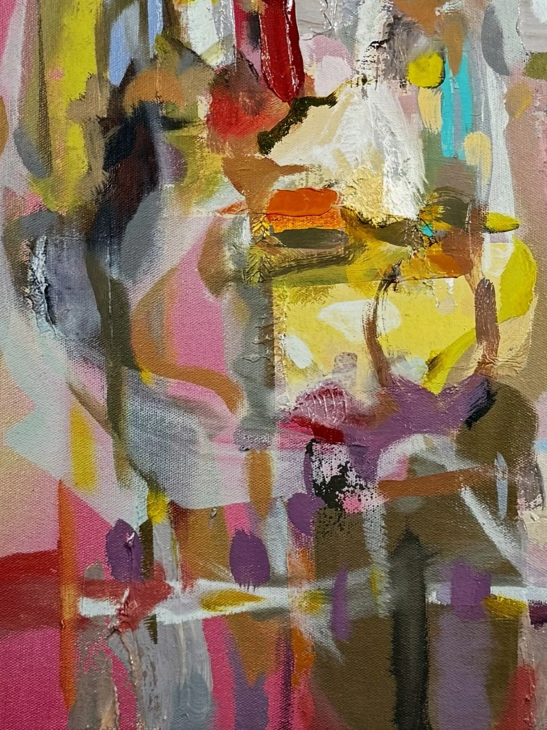Vibrant abstract oil on canvas painting titled "Selfie" by artist Larissa Hollis, closeup.