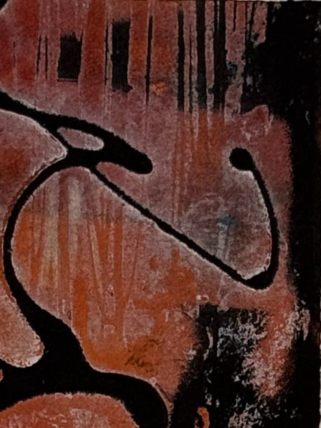 Bragadaccio 4, by Artist Noonie Minogue, closeup view of the etching and monoprint, 1/1 part of a series of 50.