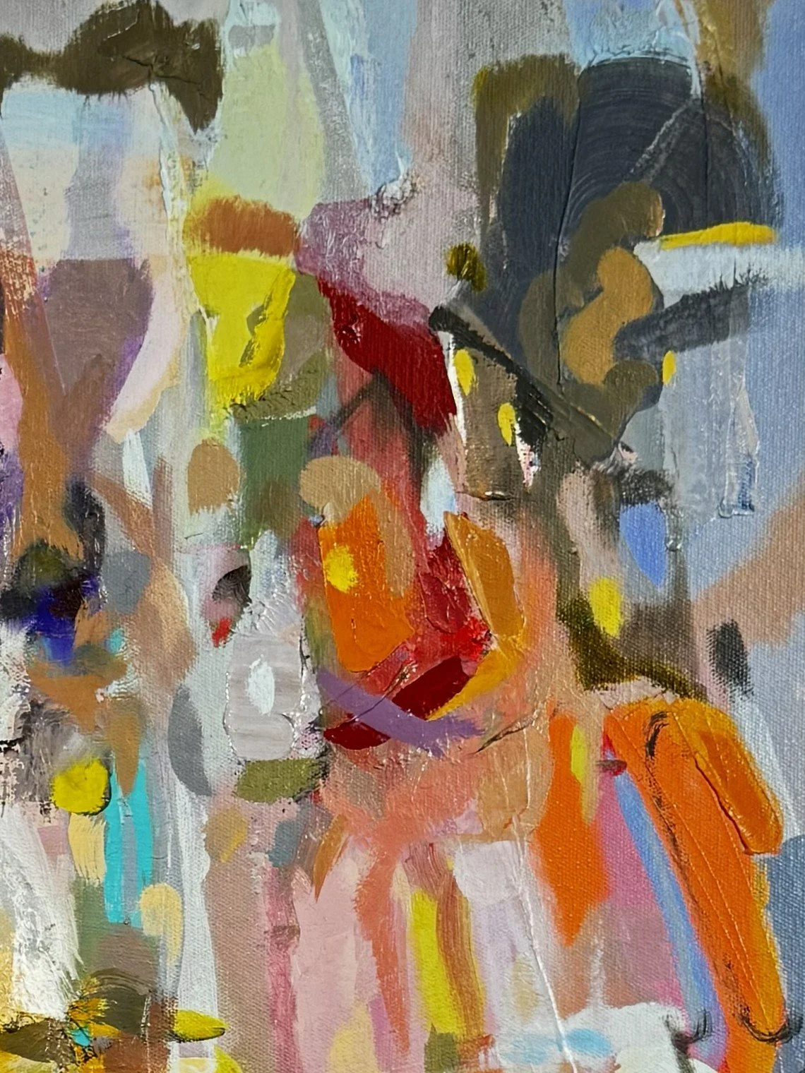 Vibrant abstract oil on canvas painting titled "Selfie" by artist Larissa Hollis, bottom closeup.