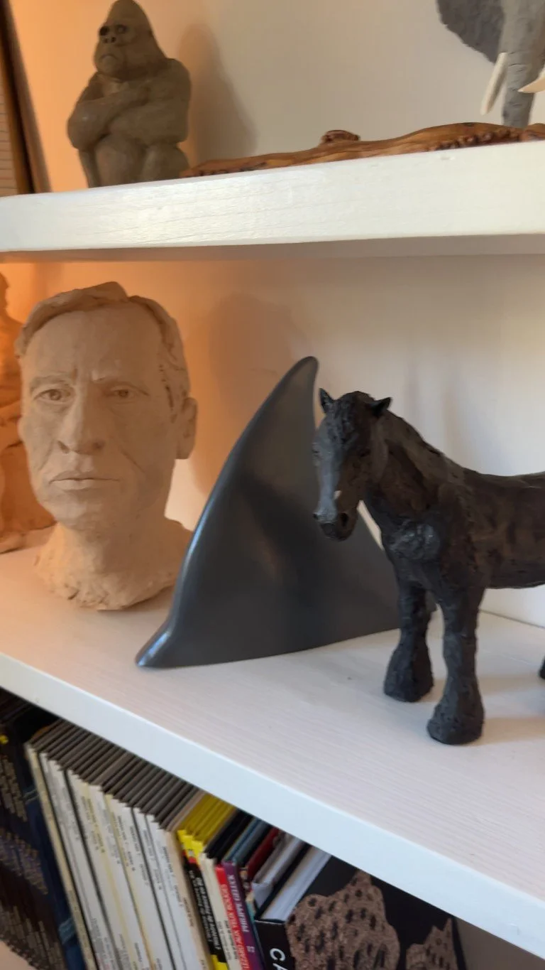 Half Wing Ray sculpture by Julien Hipeau, cast in Jesmonite, displayed on a shelf alongside other sculptures.