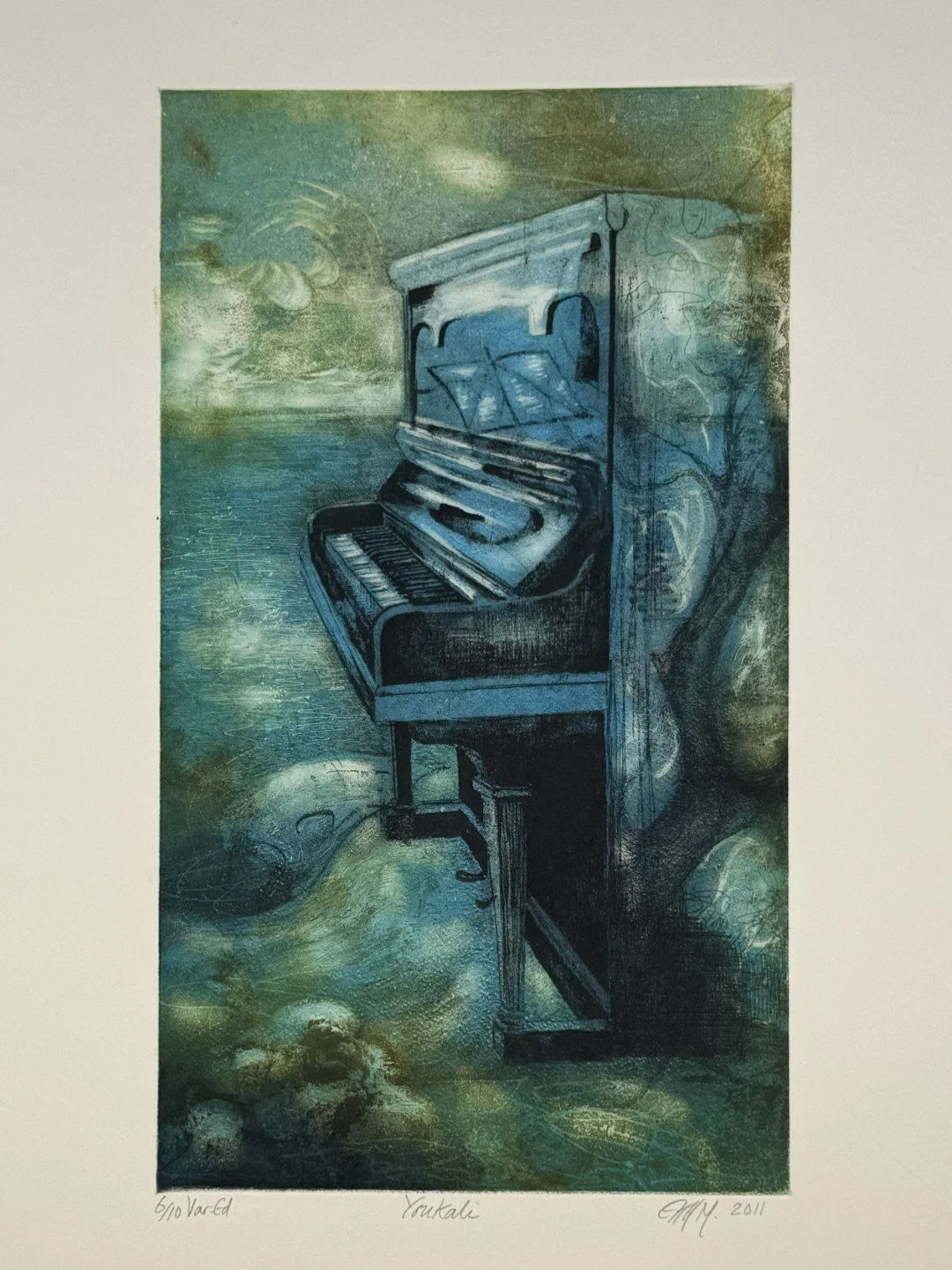 Youkali 6/10 by Artist Noonie Minogue, a colourful monoprint inspired by Kurt Weill's song that Noonie plays on the piano.