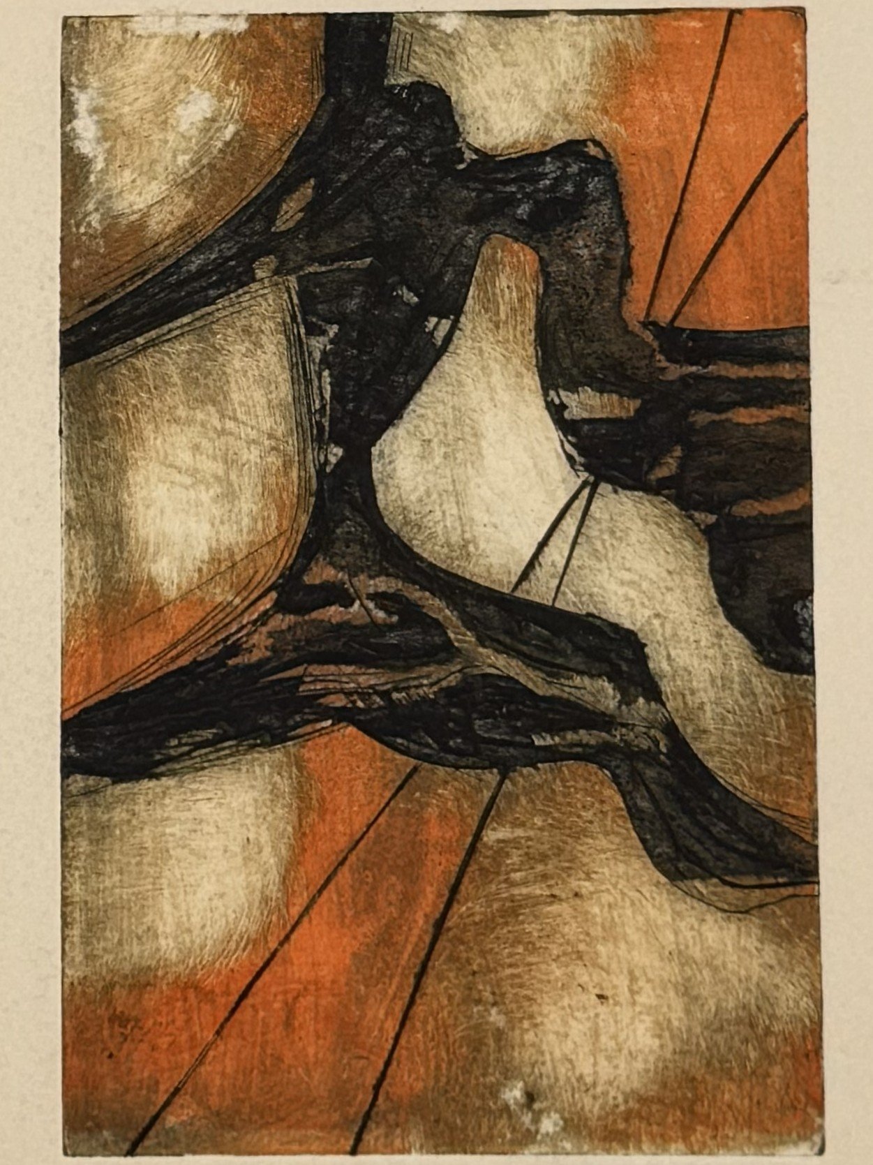 Heroes 2/20, a stunning collagraph and monoprint by Artist Noonie Minogue, close-up view of the right panel of the diptych.