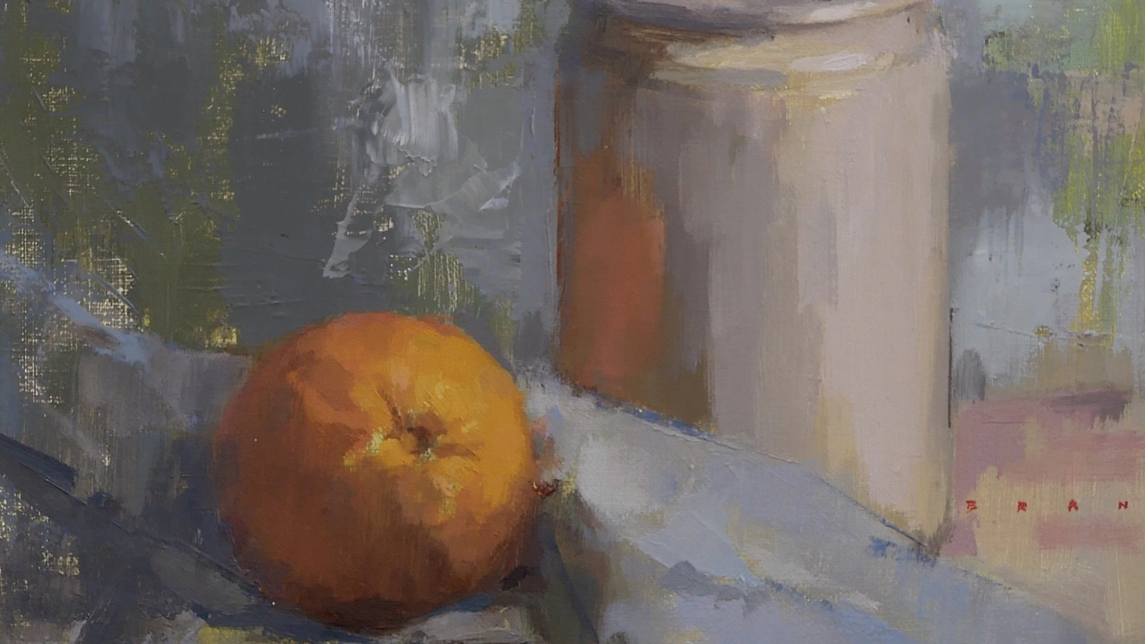 Orange on Napkin, an original oil painting by Artist Bran Sivas