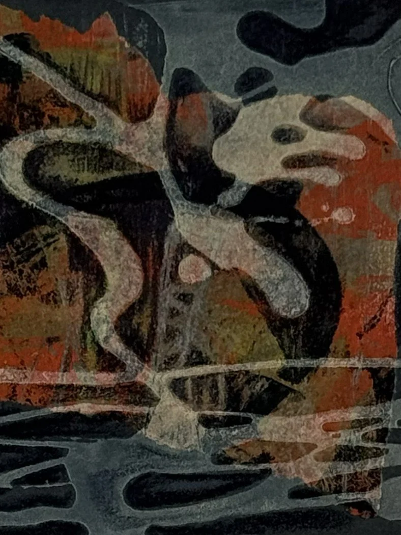 Right hand-side detail of Skylla by Artist Noonie Minogue, a small etching representing the sea monster of the Odyssey.
