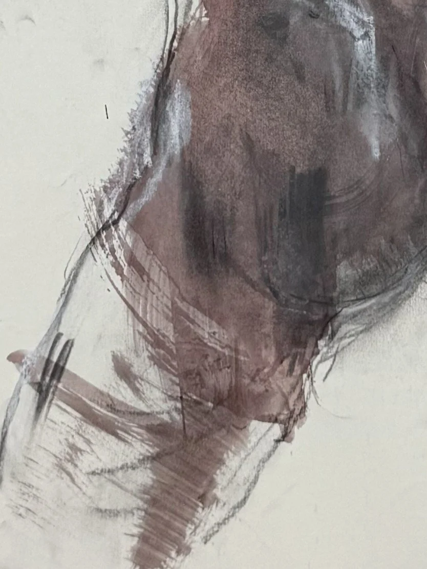 I love the way you move 2 by Artist Alla Samarina, closeup of life drawing of male figure in motion, using ink and charcoal.