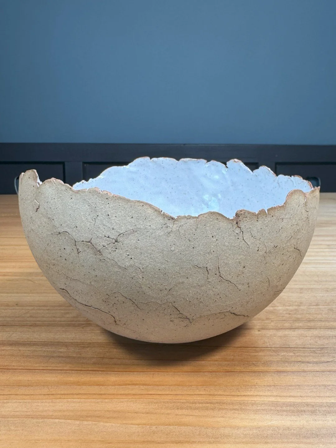 Beautiful hand-built crackle bowl by ceramic Artist Nupur Narain DeTar, with food-safe glaze inside.