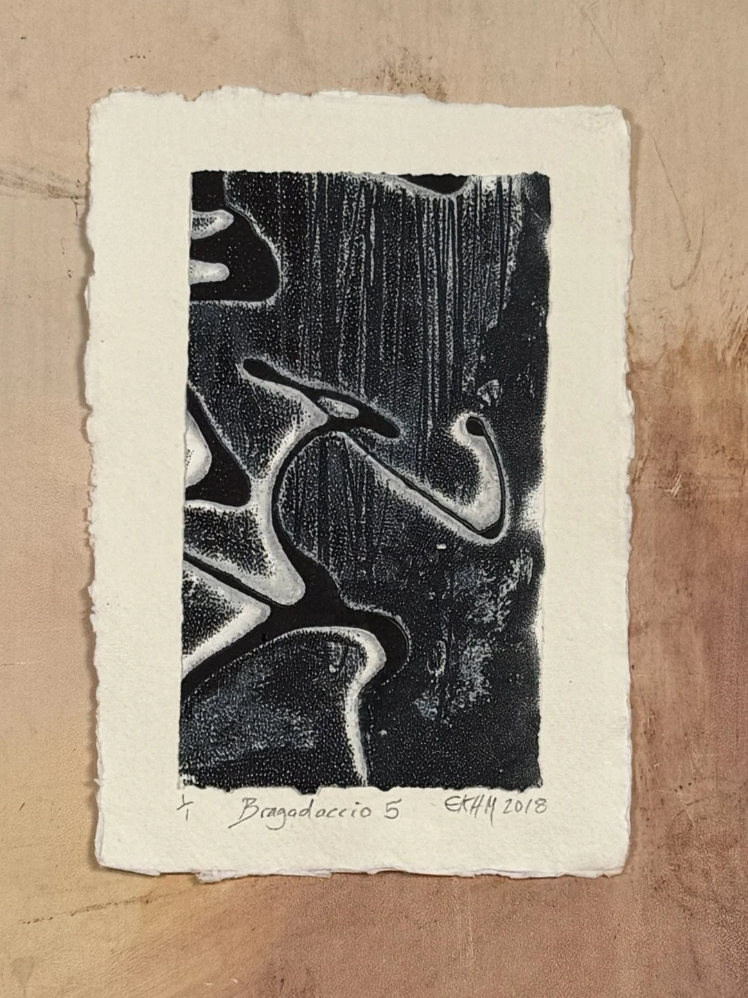 Bragadaccio 5, by Artist Noonie Minogue, closeup view of the etching and monoprint, 1/1 part of a series of 50.