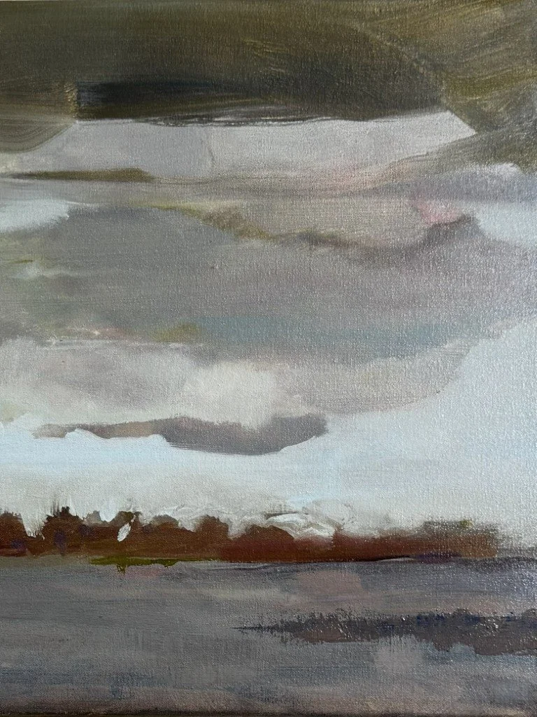 Original oil on canvas painting "Clapham Skies S1" by artist Larissa Hollis, capturing grey skies, right hand-side closeup.