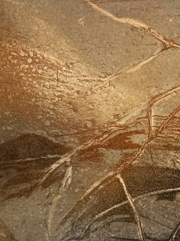 Closeup view of Pomegranate, Syros 4/25 by Artist Noonie Minogue, a stunning etching and mono print.