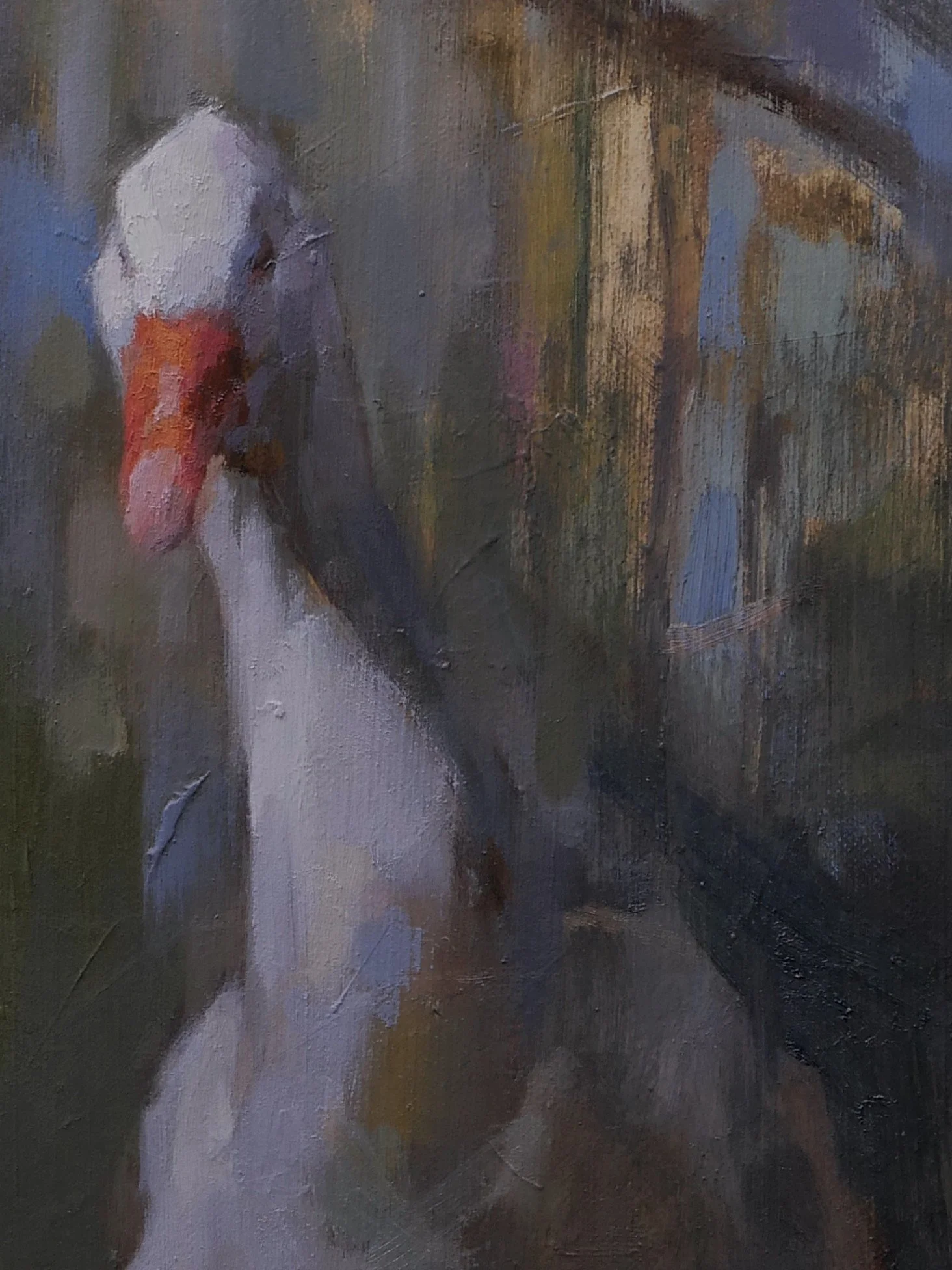 Goose, an original oil painting by Artist Bran Sivas, closeup view of the animal emerging through layers of muted tones.