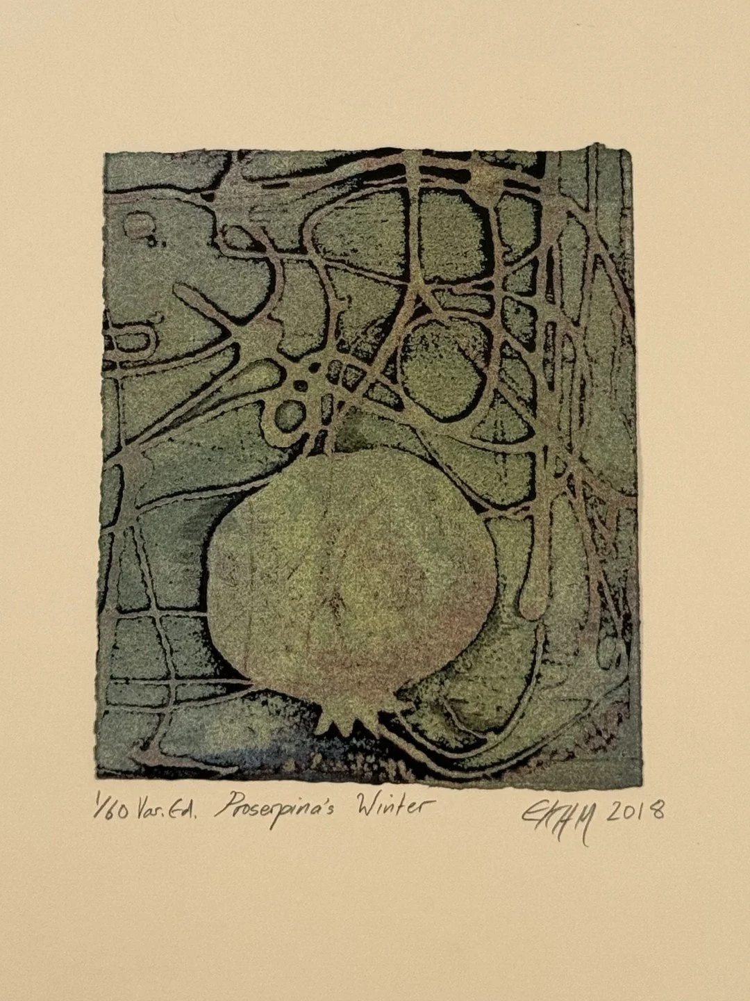 Proserpina's Winter 1/60 monoprint by Artist Noonie Minogue, illustrating the Roman myth about the changing seasons.