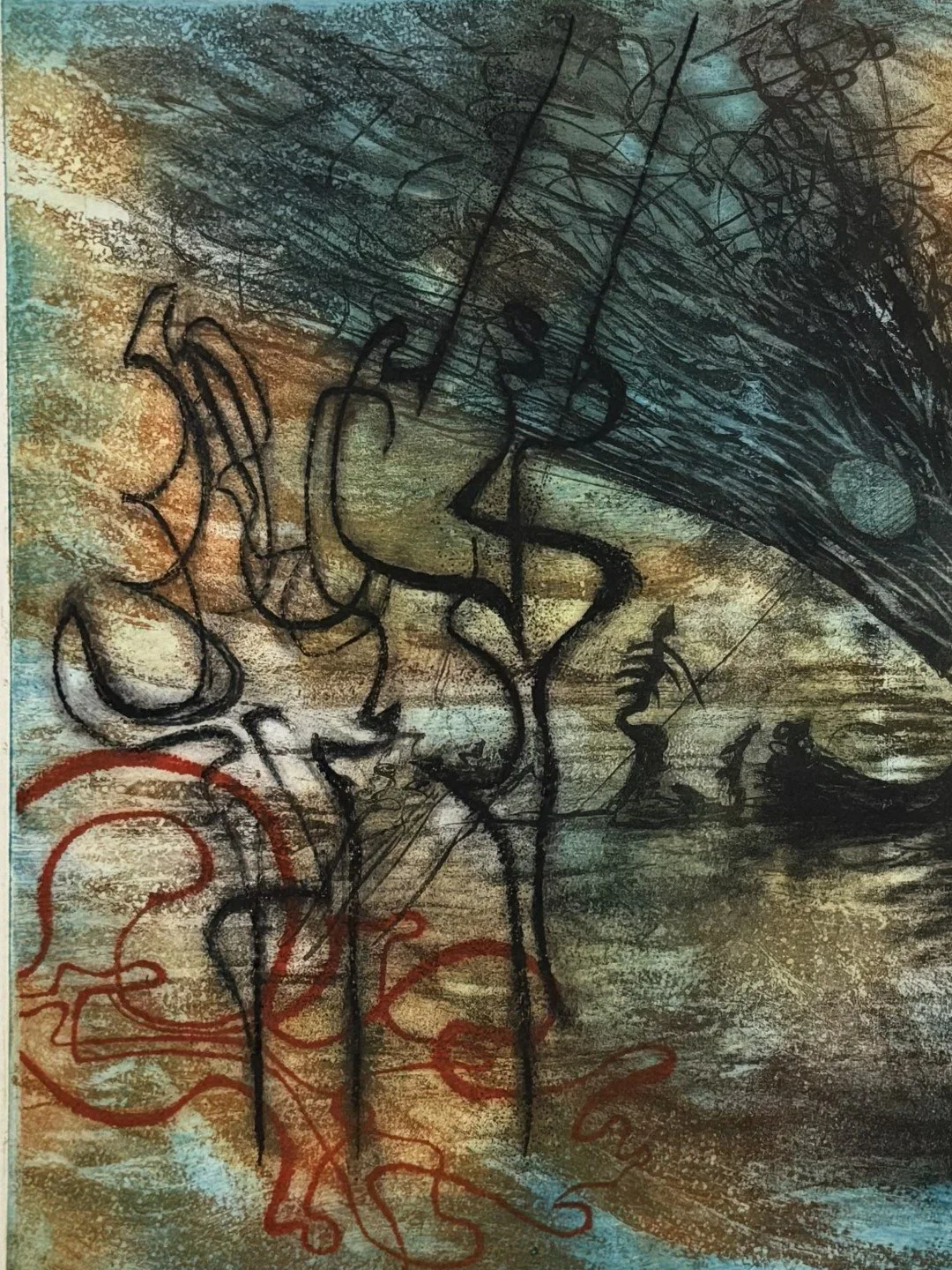 Misi me nell'alto mare aperto by Noonie Minogue, etching illustrating the quote from the 21st Canto of Dante's Inferno.