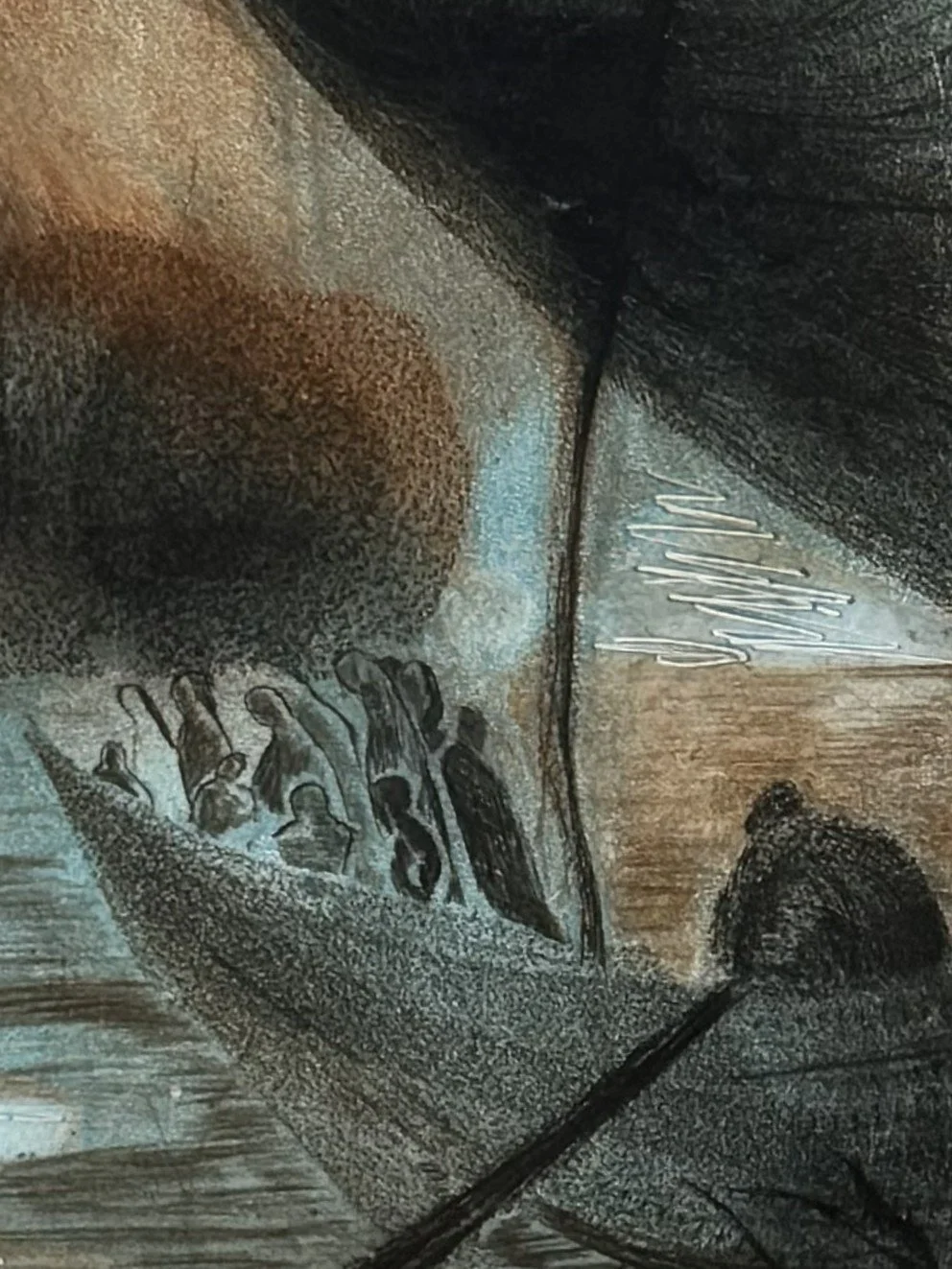 Stygia Palus 1/4 monoprint by Noonie Minogue, showing he boatman Charon taking the souls of the buried in his boat.