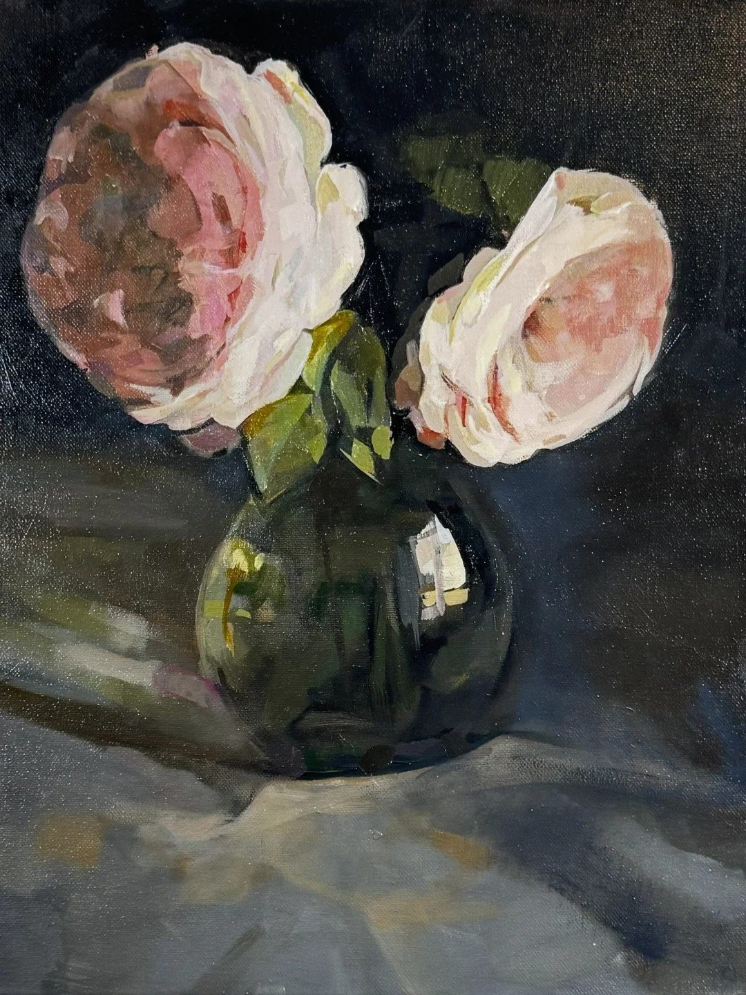 Original oil on canvas painting "Rose" by artist Larissa Hollis, offering a peaceful floral moment of escape, closer view.