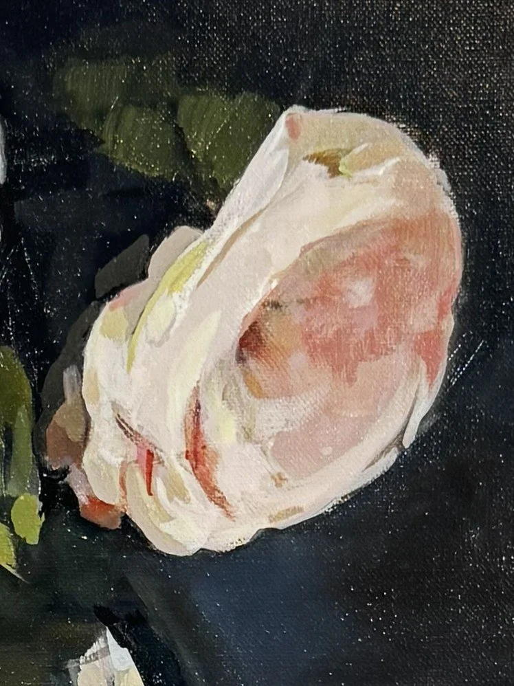 Original oil on canvas painting "Rose" by artist Larissa Hollis, closeup of delicate pink petals on the right flower.