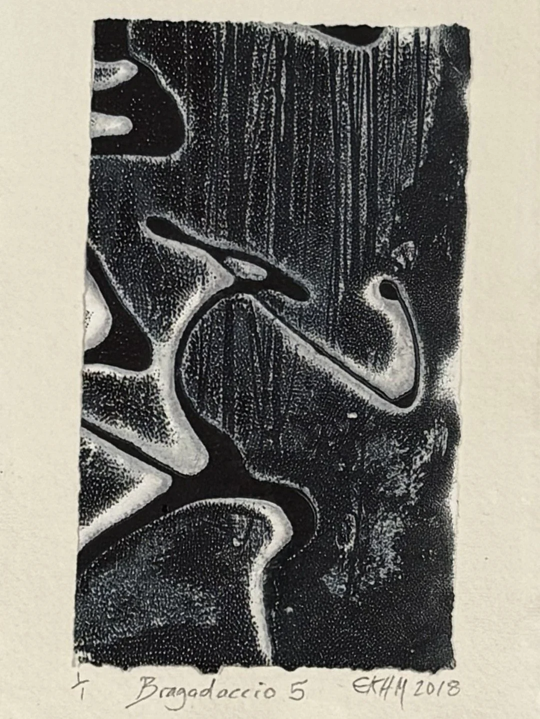 Bragadaccio 5, by Artist Noonie Minogue, an etching and monoprint using chine collé, 1/1 part of a series of 50.