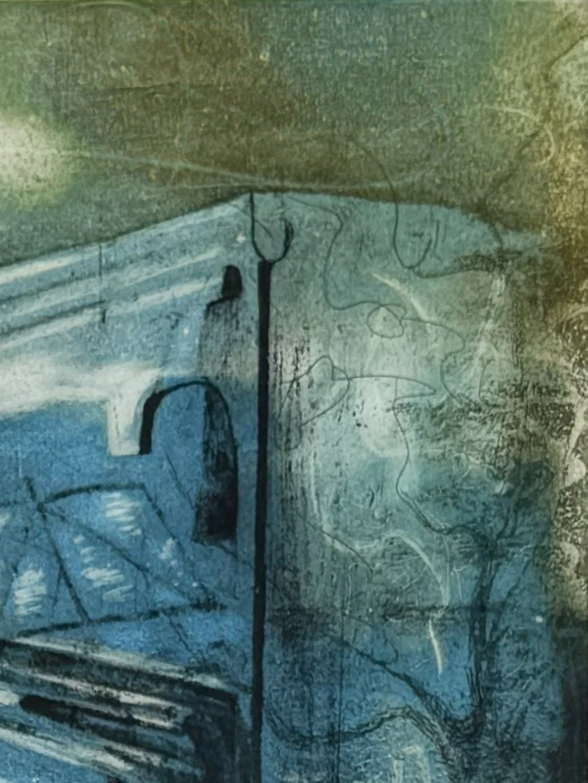 Closeup of Youkali 6/10 by Artist Noonie Minogue, a colourful monoprint inspired the title of a Tango Habanera by Kurt Weill.