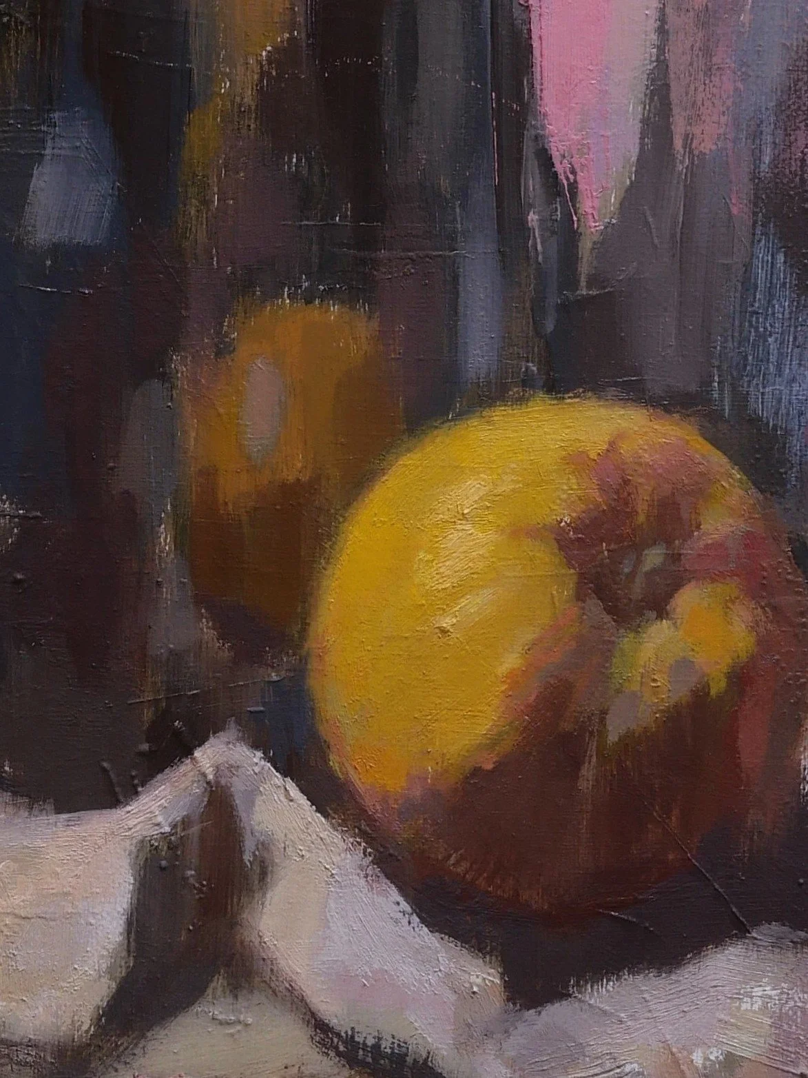 Close-up view of Apple, Jug and Berries, a beautiful still life and original oil painting by Artist Bran Sivas.