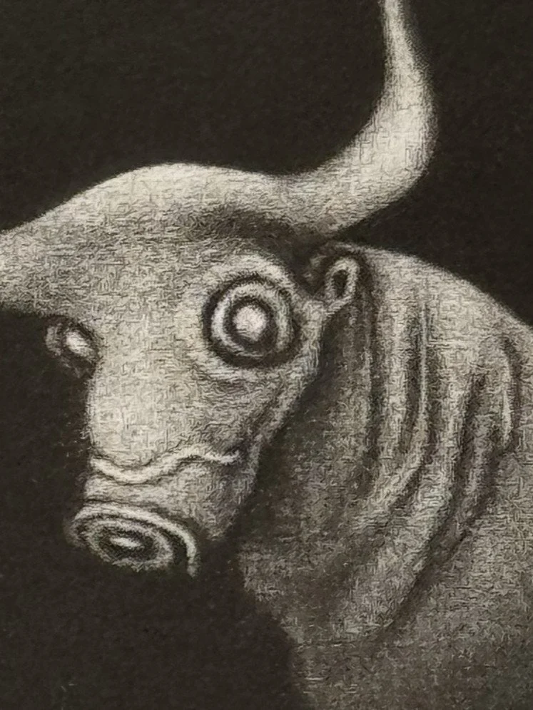 closeup view of El Toro by Artist Noonie Minogue, inspired by a Cretan figurine of a bull in the museum at Heraklion.