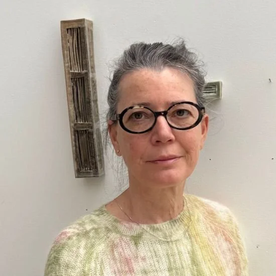 Portrait image of Cristina Lorenzet, sculptor and ceramist, over closeup image of wall sculpture entitled Ceramic Vent.